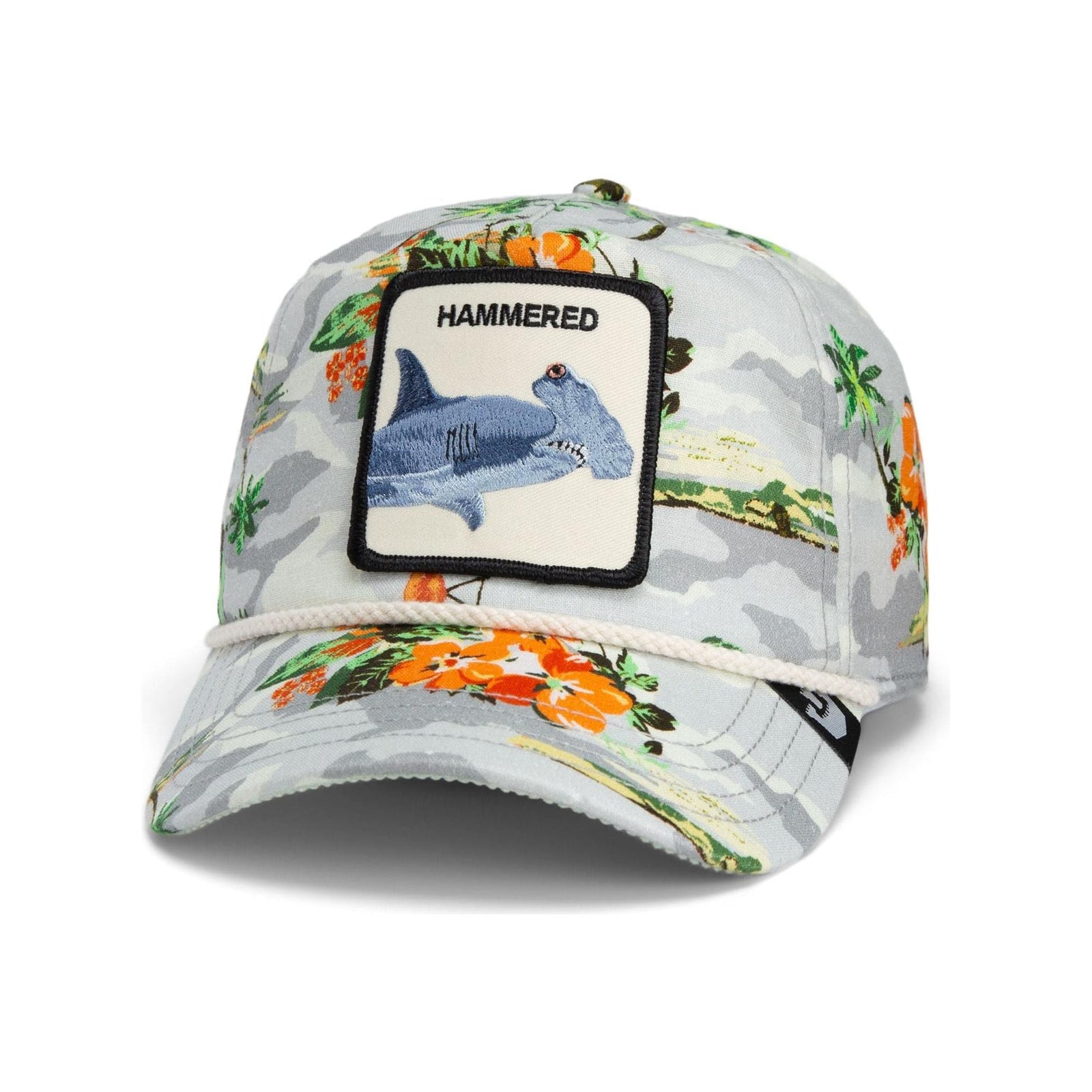 Stylish Goorin Nailed It Trucker Hat features island camo and rope detail, perfect for laid-back summer vibes.