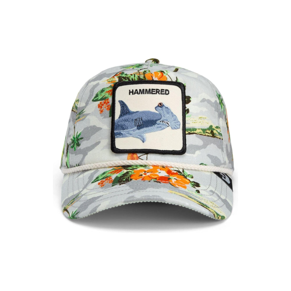 Goorin Nailed It Trucker Hat features island camo and rope detail, perfect for laid-back vacations.