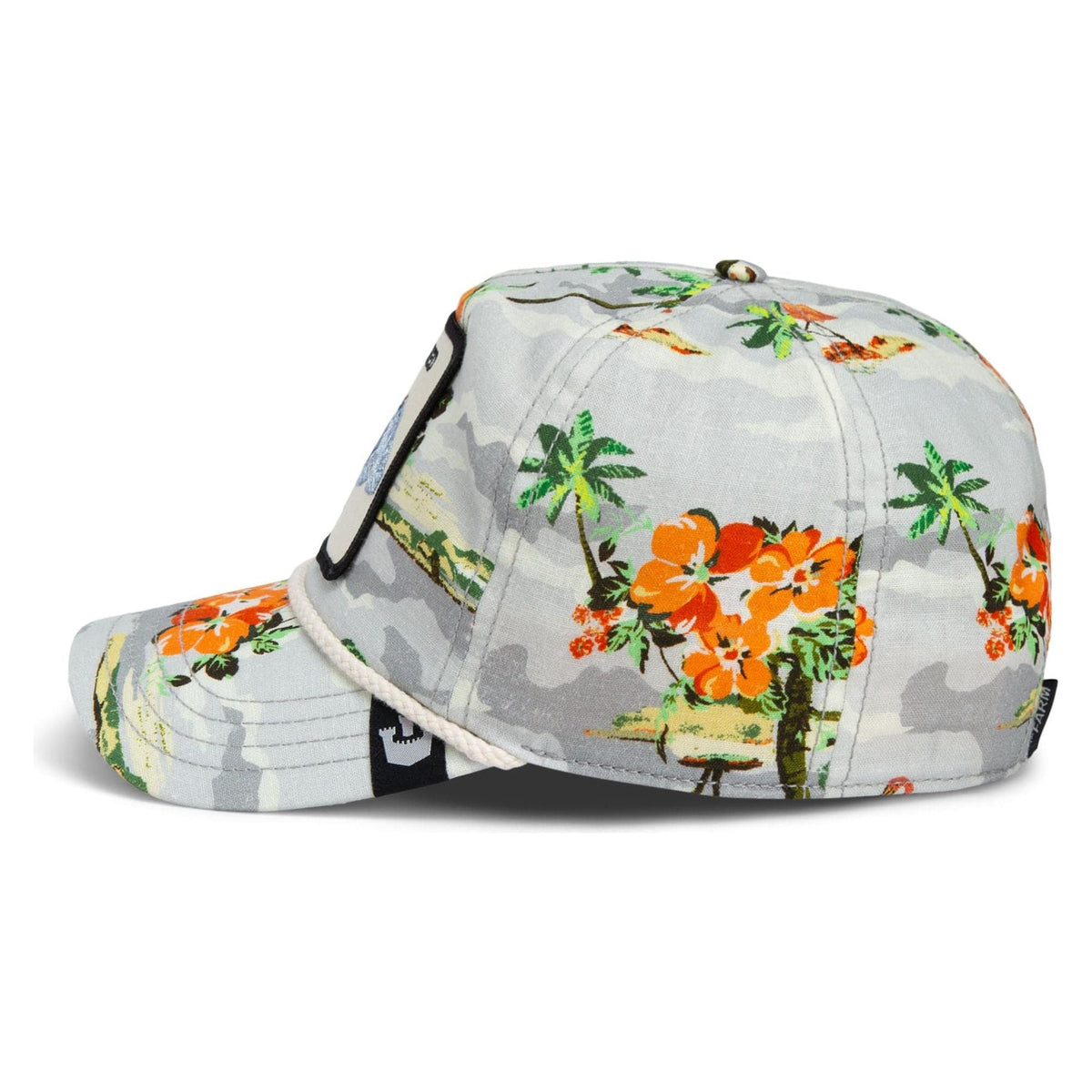 Goorin Nailed It Trucker Hat features island camo and rope detail, perfect for a laid-back vacation style.