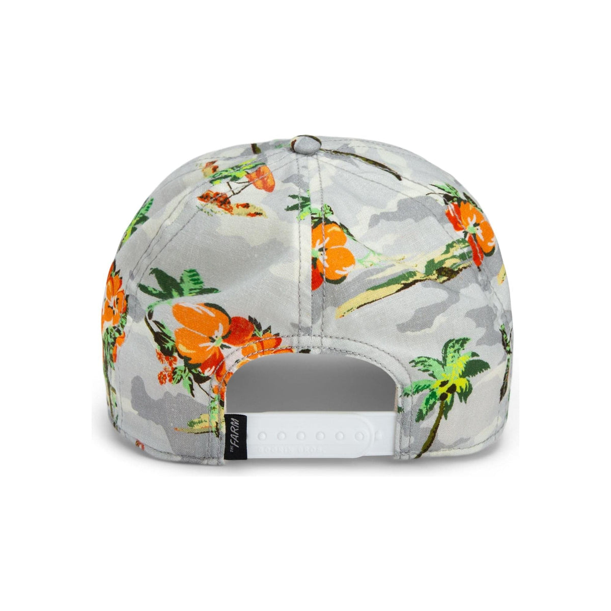 Goorin Nailed It Trucker Hat features island camo and vibrant flowers, perfect for a laid-back vacation vibe.