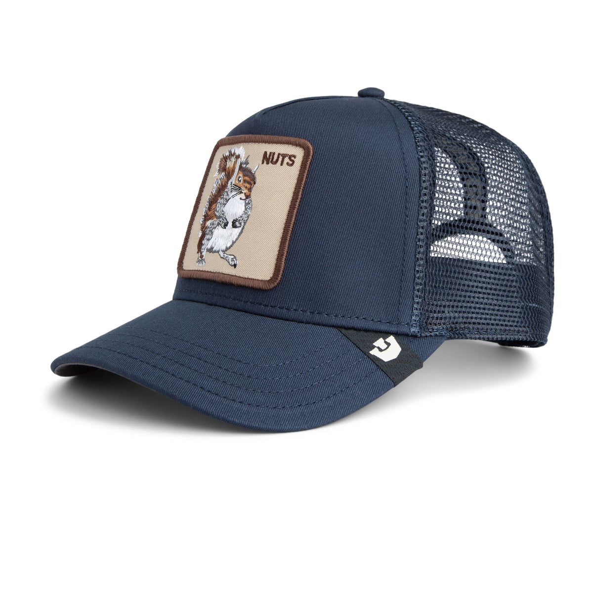 Goorin Nuts Trucker Hat featuring a tan squirrel patch on navy mesh-back cap by Goorin Bros.