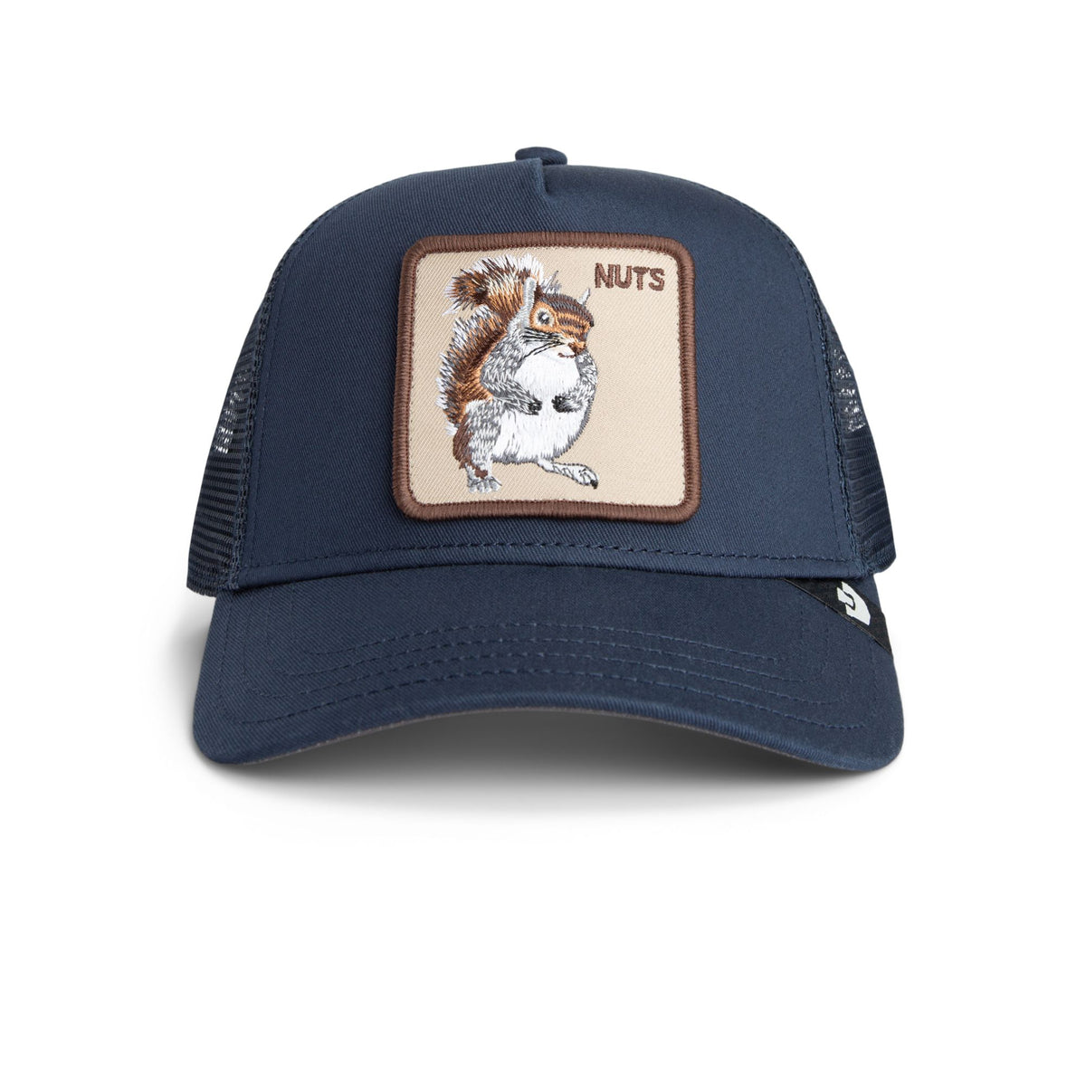 Goorin Nuts Trucker Hat featuring a tan squirrel patch on navy mesh-back cap by Goorin Bros.