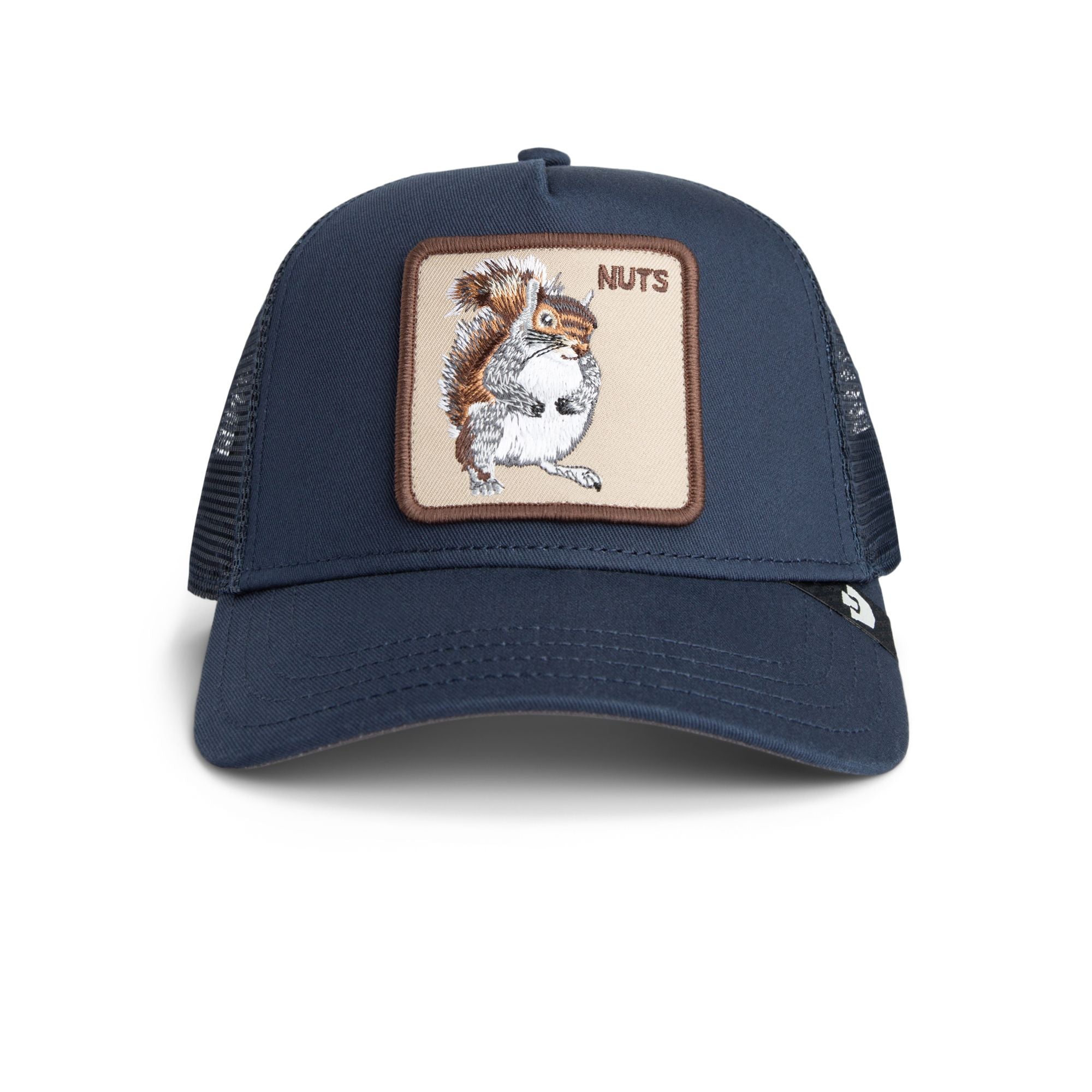 Goorin Nuts Trucker Hat featuring a tan squirrel patch on navy mesh-back cap by Goorin Bros.