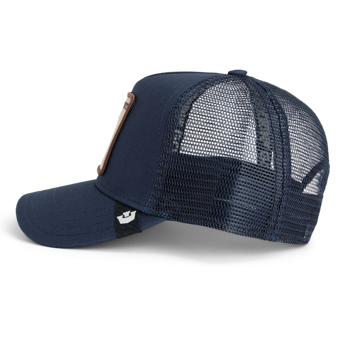Goorin Nuts Trucker Hat: navy front with a cheeky squirrel patch, mesh back, branded by Goorin Bros.