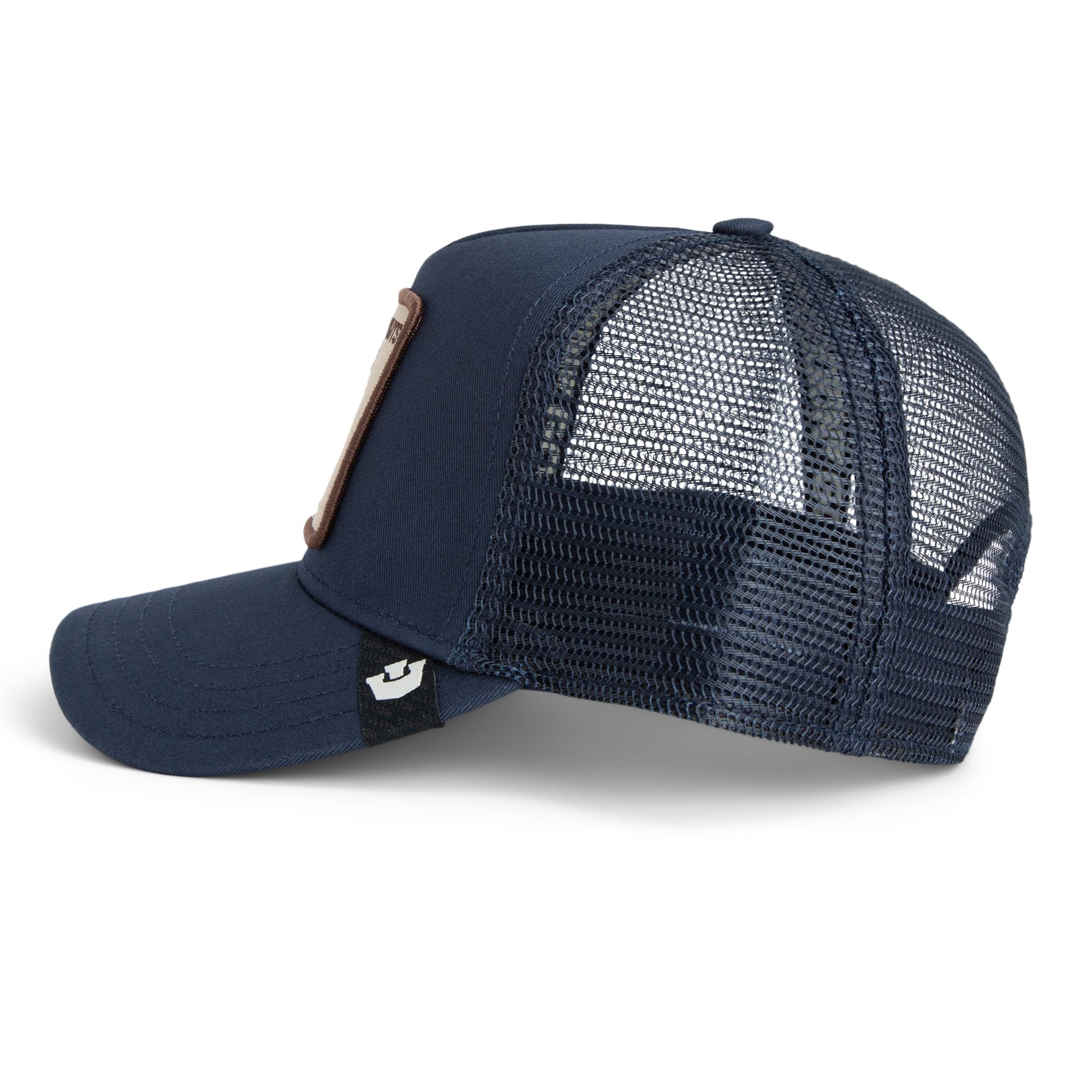 Goorin Nuts Trucker Hat: navy front with a cheeky squirrel patch, mesh back, branded by Goorin Bros.