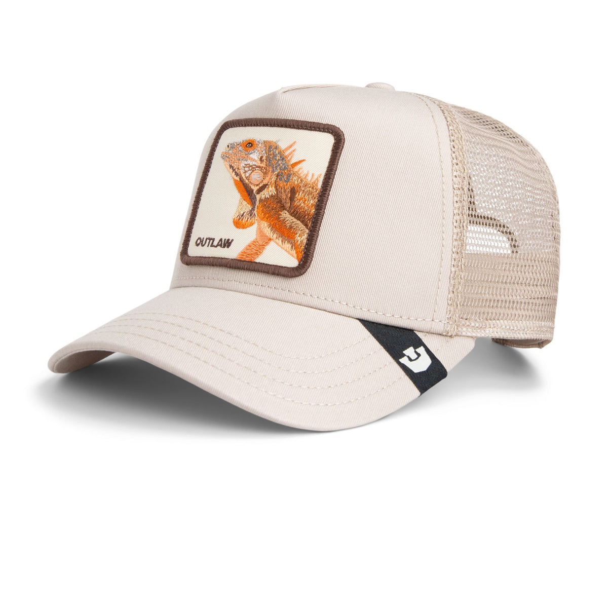 Goorin Outlaw LizardTrucker Hat with desert beige color and a fierce lizard patch.