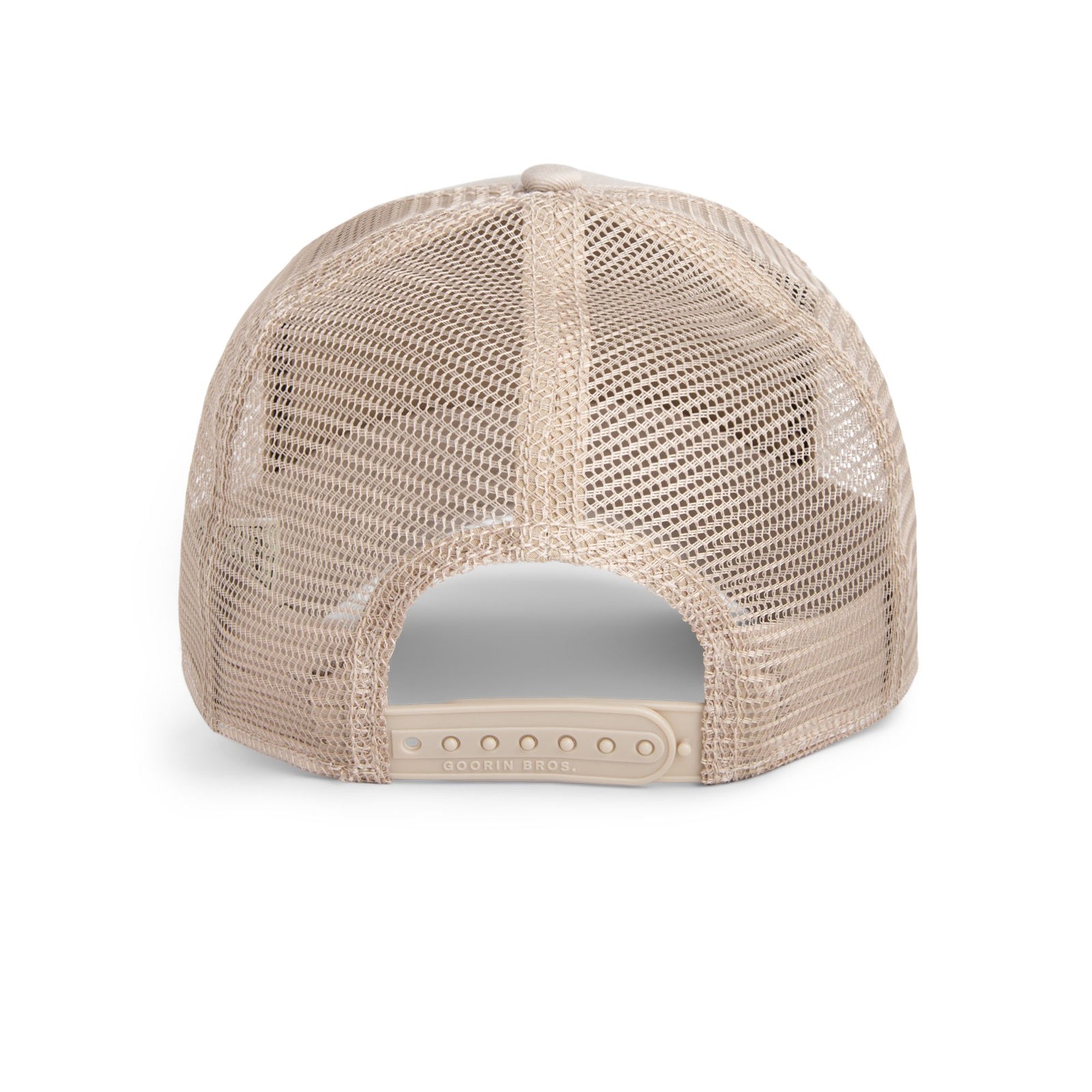 Goorin Outlaw LizardTrucker Hat by Goorin Bros — desert beige mesh trucker, back view with adjustable strap.