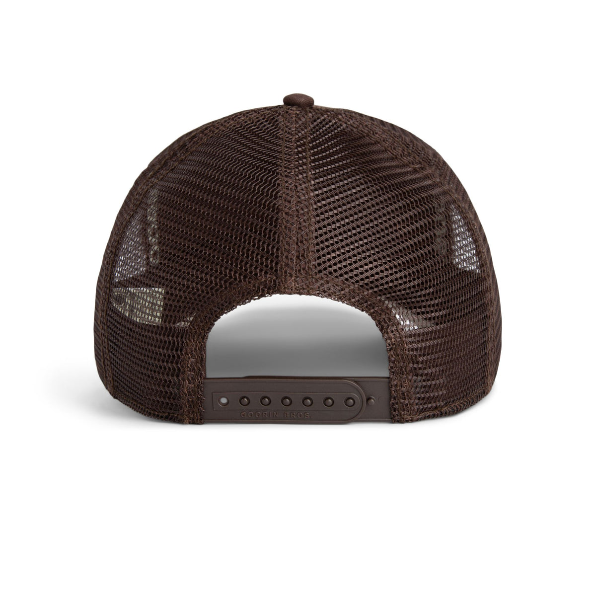 Goorin Prick Trucker Hat from Goorin Bros., brown mesh trucker cap, back view.