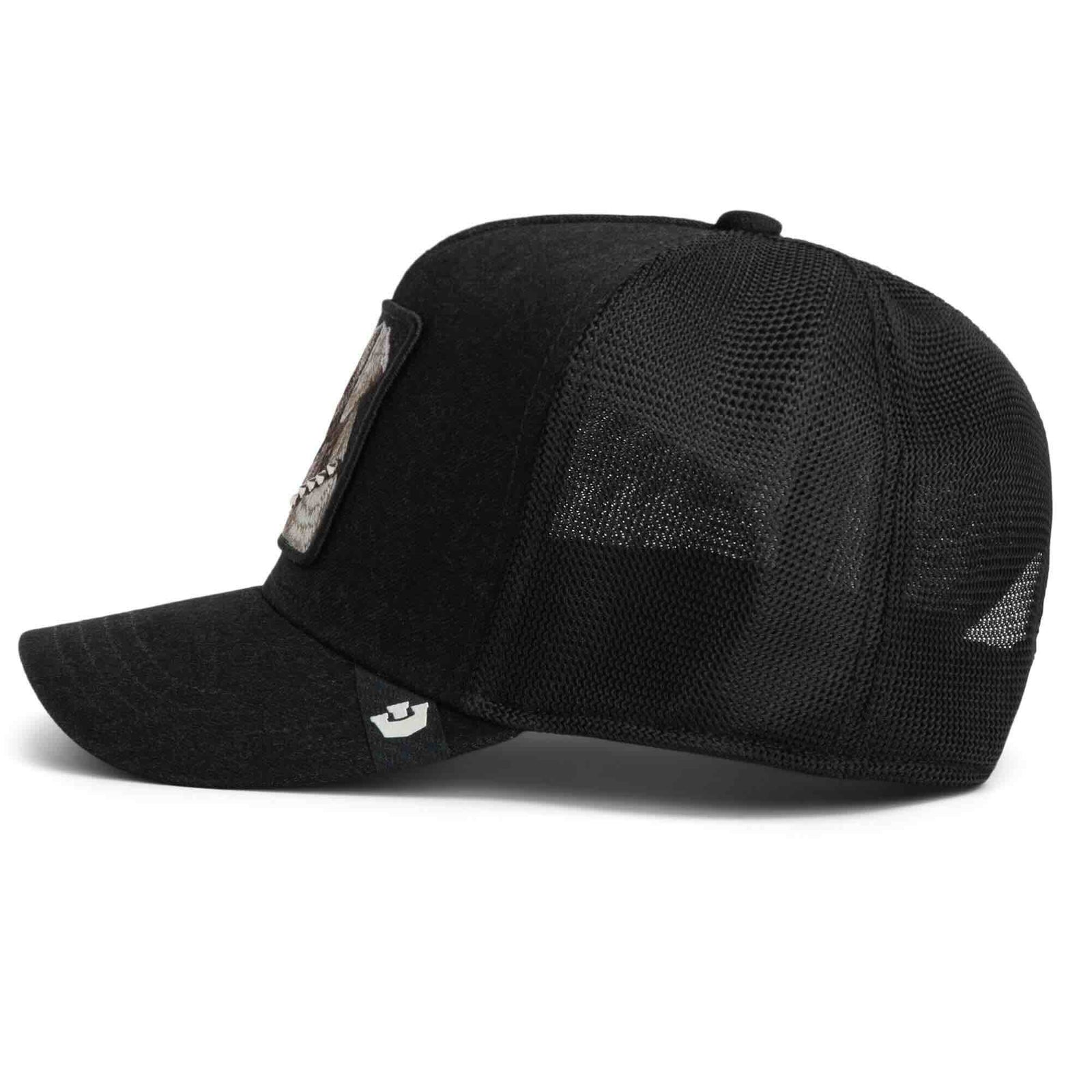 Goorin Punk Dawg Trucker Hat in black denim with a dog patch stamped PUNK and studded collar.
