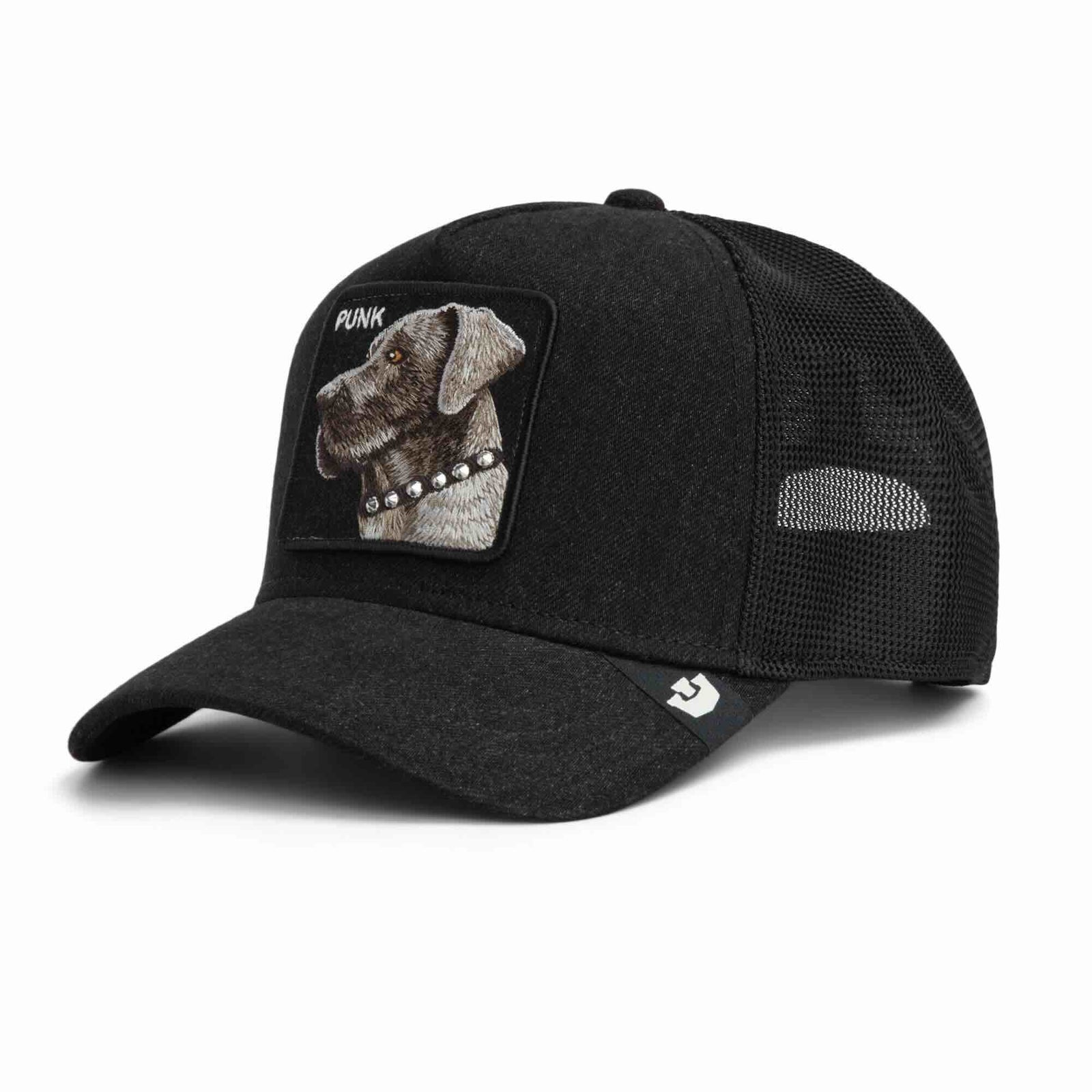 Goorin Punk Dawg Trucker Hat in black denim with a dog patch stamped PUNK and studded collar.