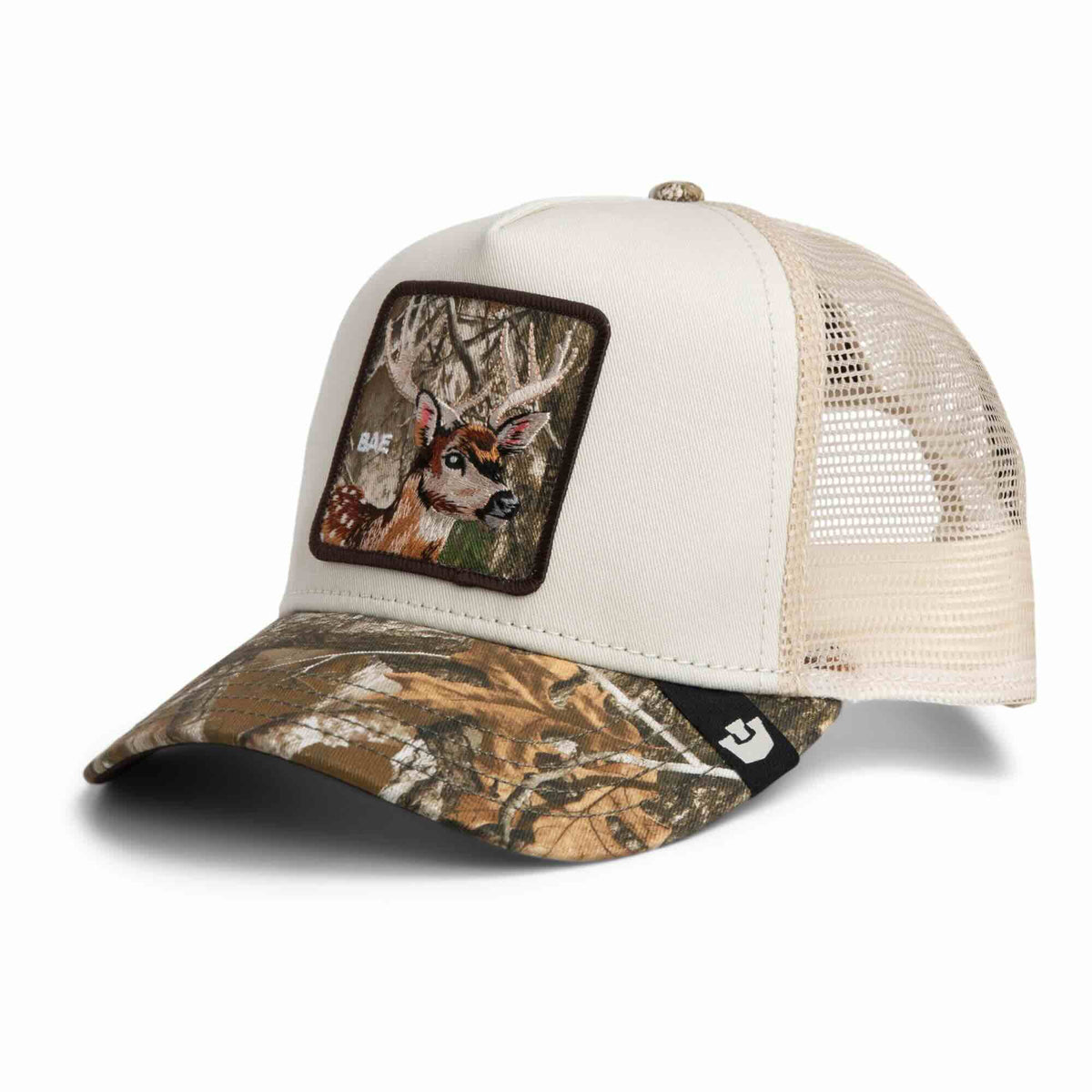 Goorin Realtree Edge Bae Do Trucker Hat with white front, camouflage brim, and a doe patch.