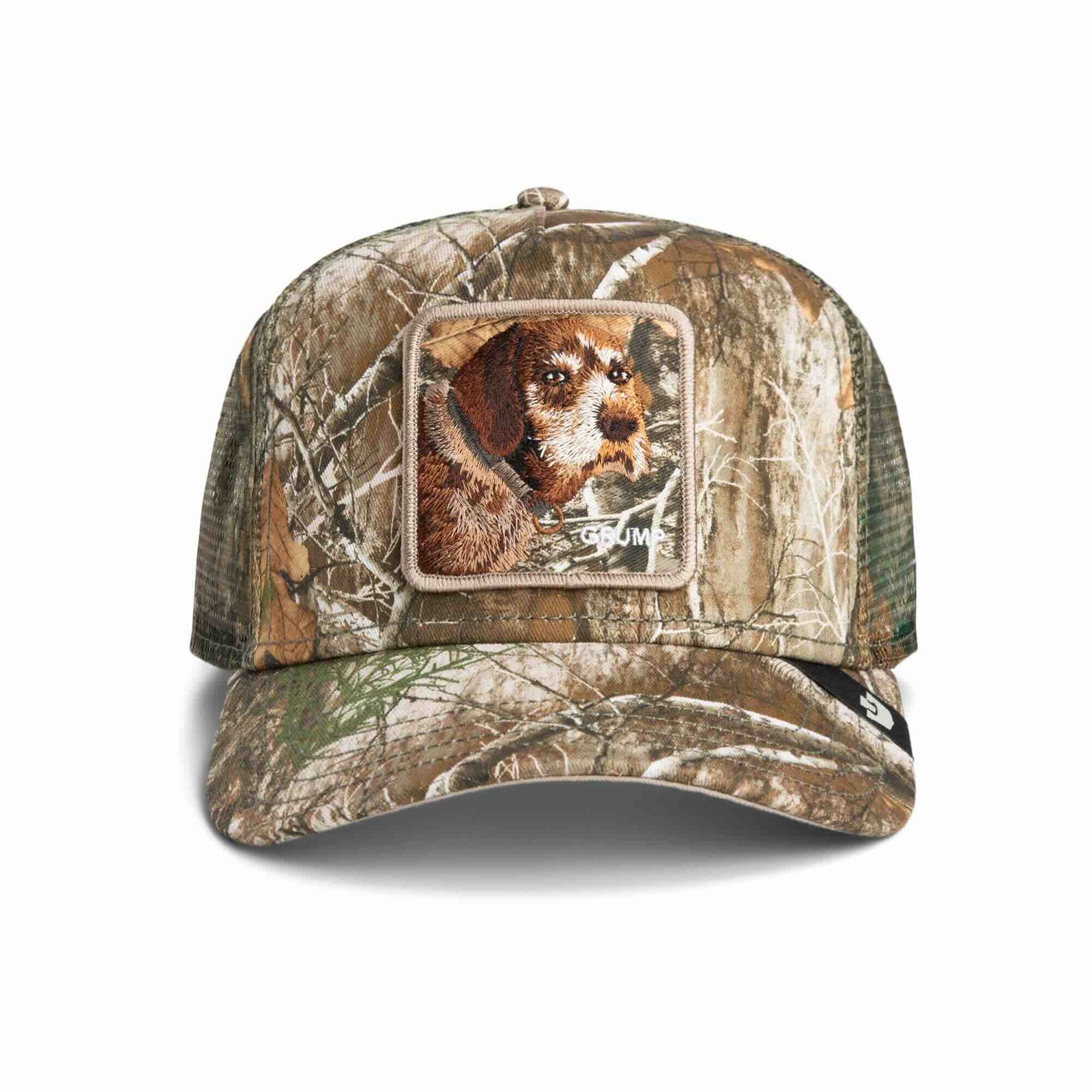 Goorin Realtree Edge Grump Trucker Hat in Realtree Edge camo with a Grump dog patch