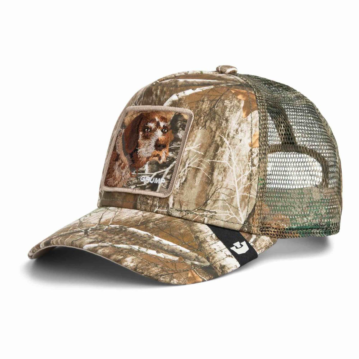 Goorin Realtree Edge Grump trucker hat in Realtree Edge camo with a Grump dog patch and mesh back.