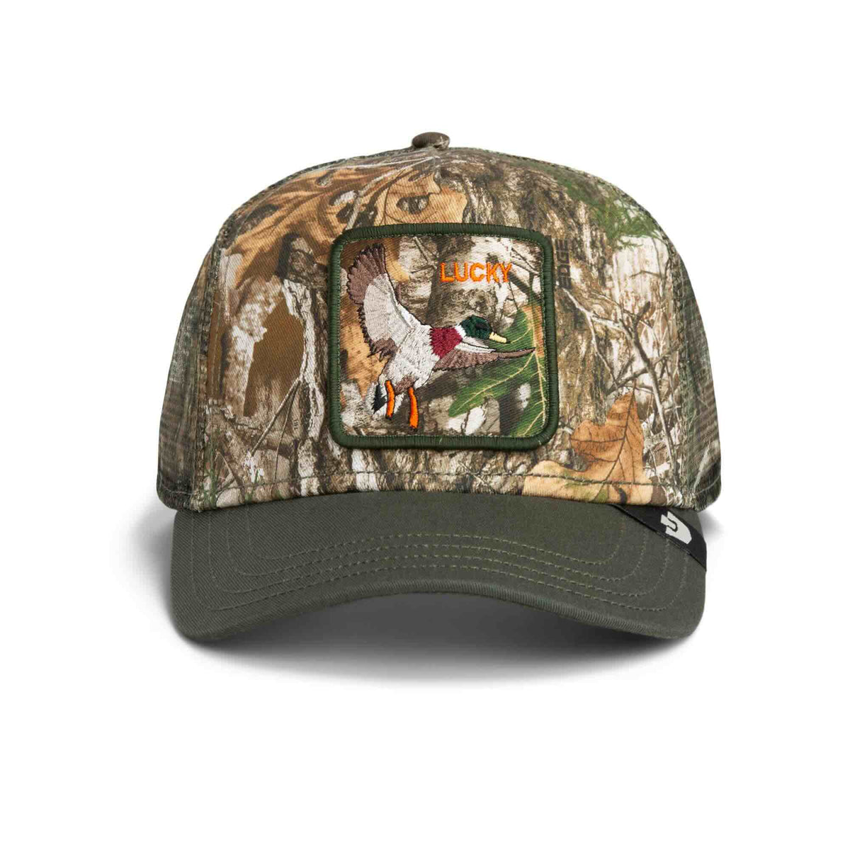 Goorin Realtree Edge Lucky Duck Trucker Hat in camo with a green brim and a LUCKY duck patch.