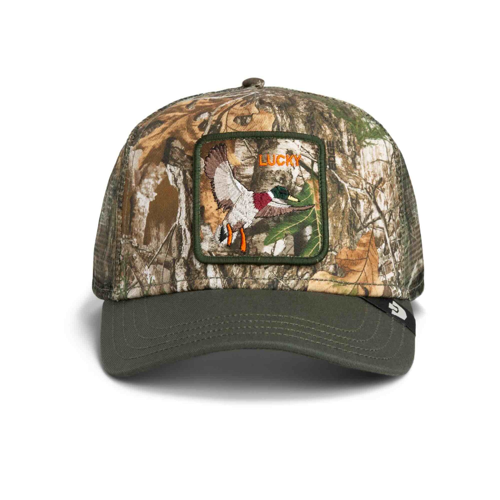 Goorin Realtree Edge Lucky Duck Trucker Hat in camo with a green brim and a LUCKY duck patch.