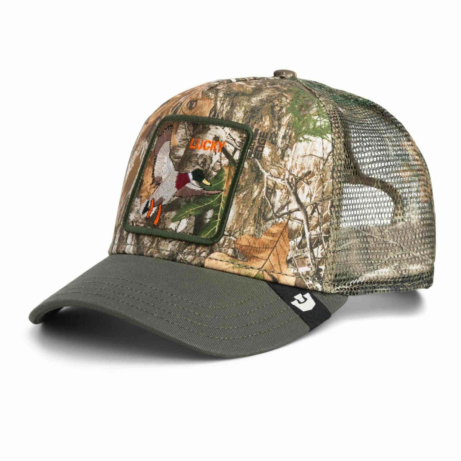 Goorin Realtree Edge Lucky Duck Trucker Hat in camo with a green brim and a LUCKY duck patch.