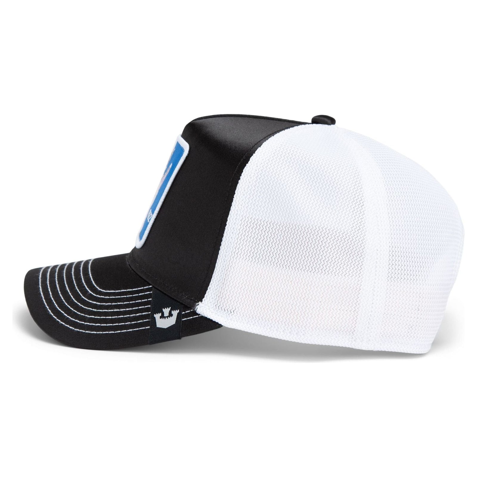 Stylish Goorin Rizzky Bizznizz Trucker Hat featuring high-shine bomber sateen and bold contrast details.