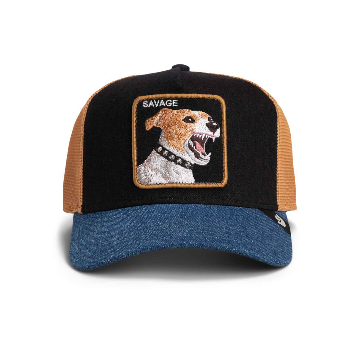 Goorin Savage Dawg Trucker Hat with black crown, tan mesh, blue denim brim and a snarling dog patch labeled SAVAGE.