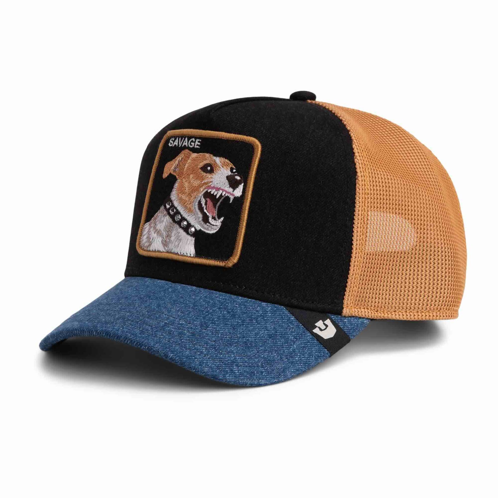 Goorin Savage Dawg Trucker Hat with black crown, tan mesh, blue denim brim and a snarling dog patch labeled SAVAGE.