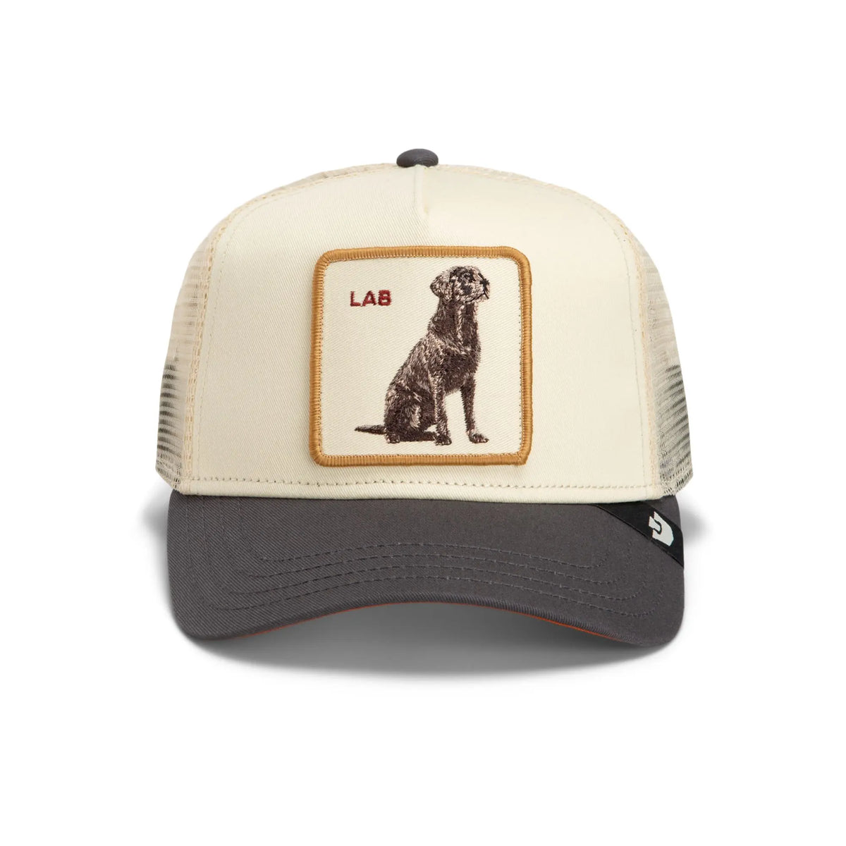 Goorin Bros Shadow Lab Trucker Hat with embroidered lab patch, cream mesh, and dark grey bill.