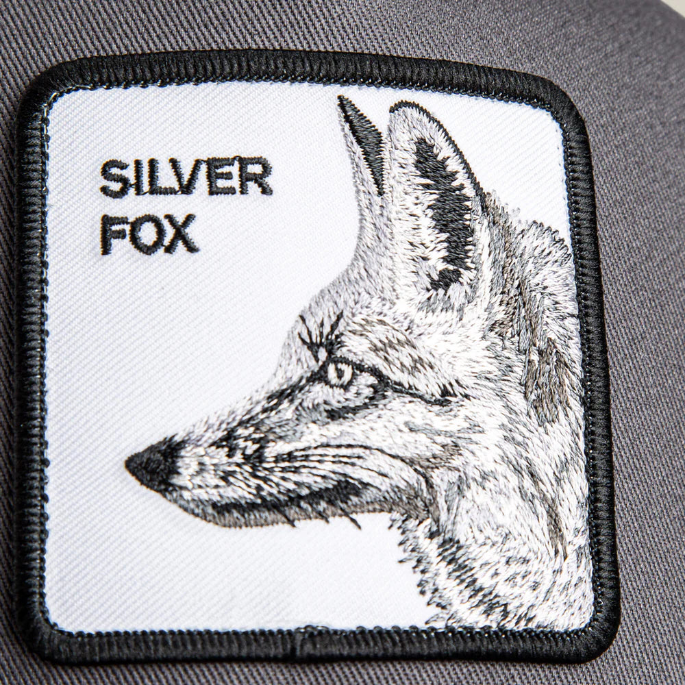 Gray trucker cap with a fox graphic and 'Silver Fox' text on a white background
