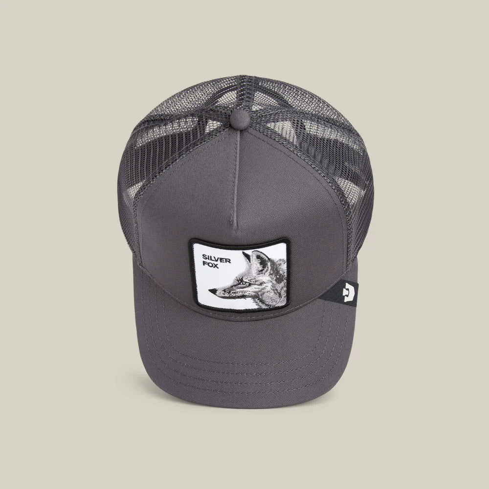 Gray mesh cap with a patch featuring a fox design on a white background