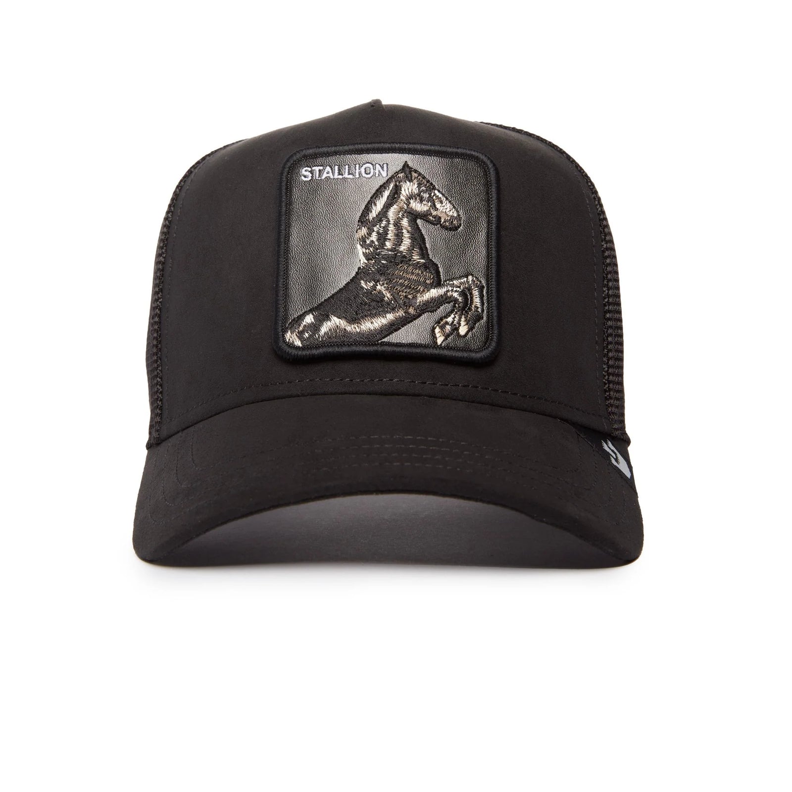 Goorin Stallion Trucker Hat with suede front, mesh back, and embroidered stallion patch on front.