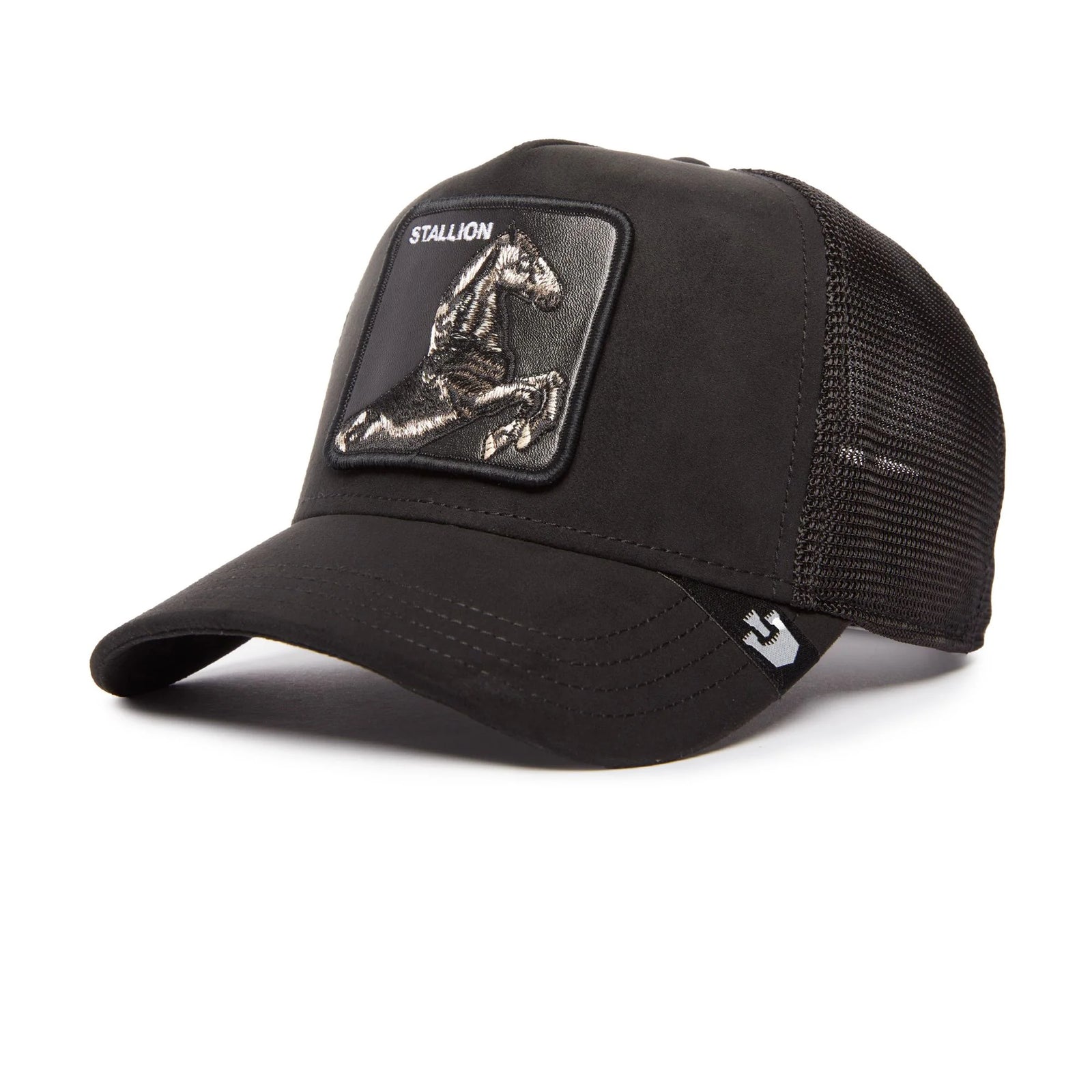 Goorin Stallion Trucker Hat with suede front, mesh back, and embroidered stallion patch on front.