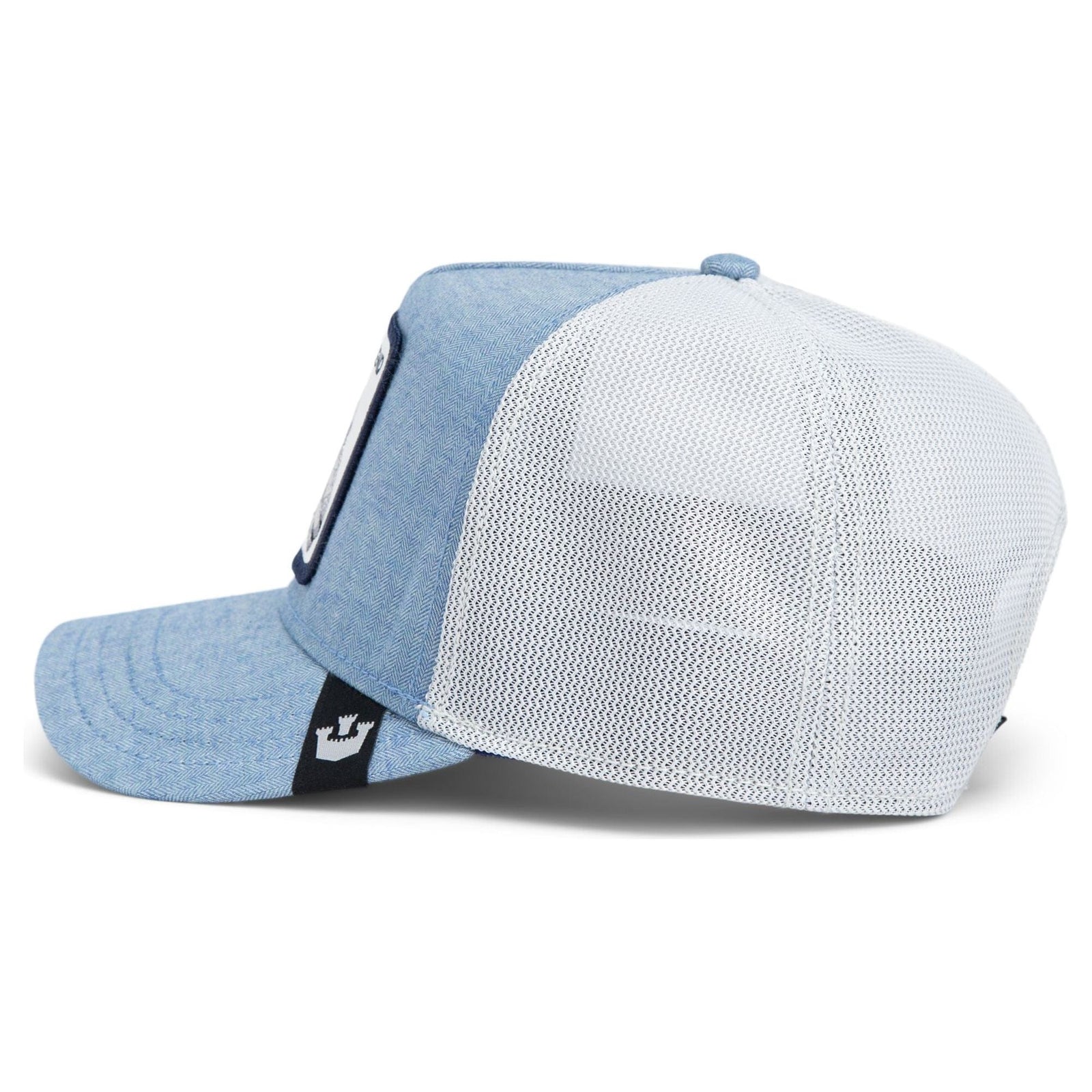 Stylish Goorin Suited Legend Trucker Hat in blue herringbone fabric, perfect for showcasing bold, daring attitude.