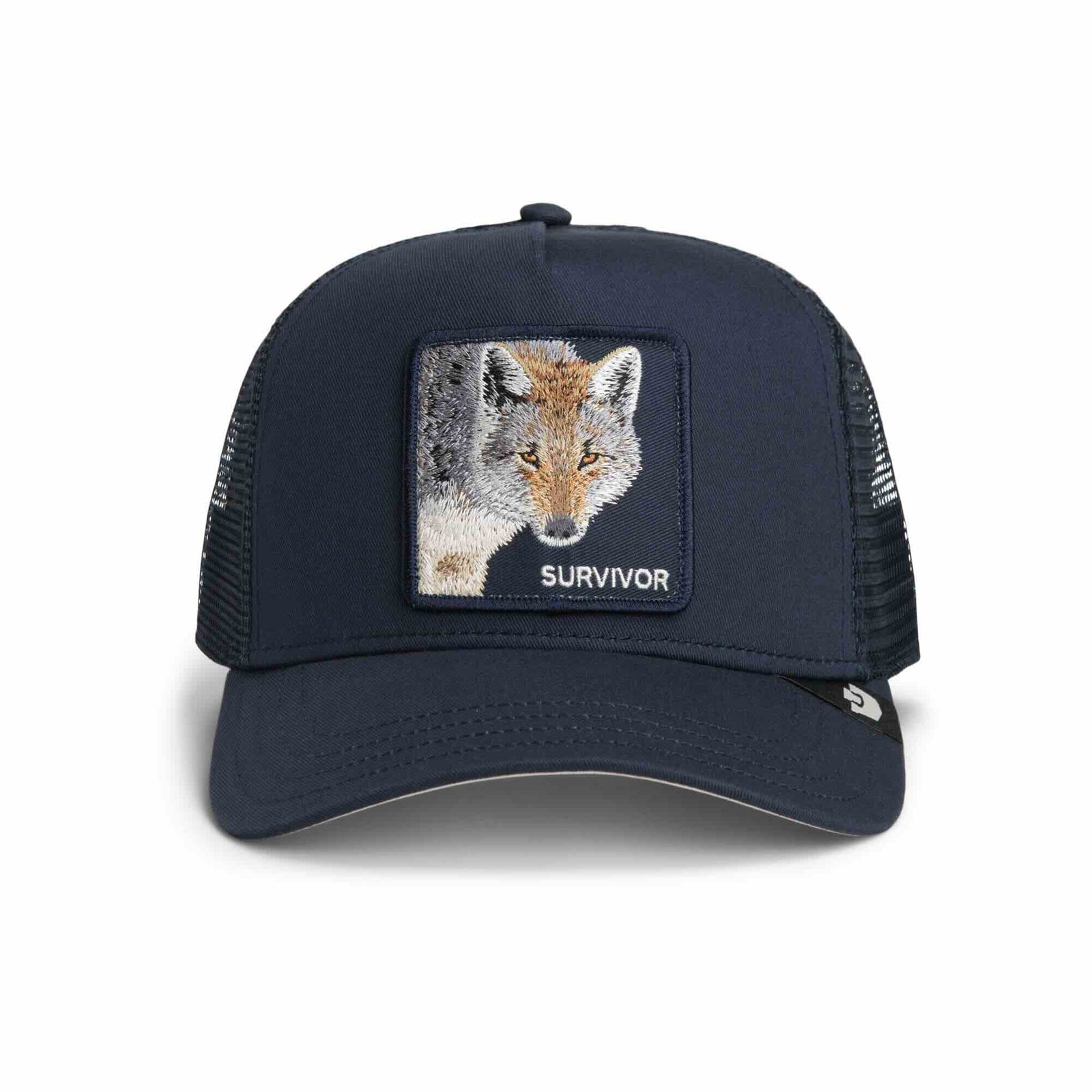Goorin Survivor Trucker Hat in navy with an embroidered wolf patch and SURVIVOR stamp.