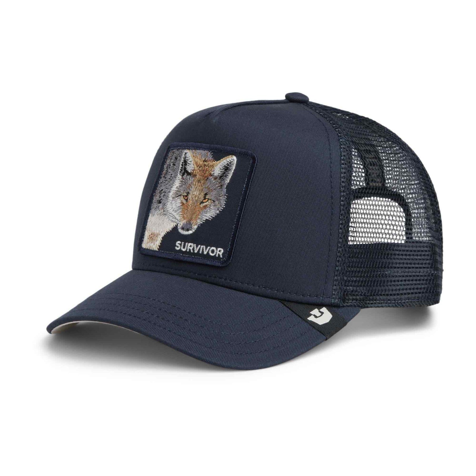 Goorin Survivor Trucker Hat in navy with an embroidered wolf patch and SURVIVOR stamp.
