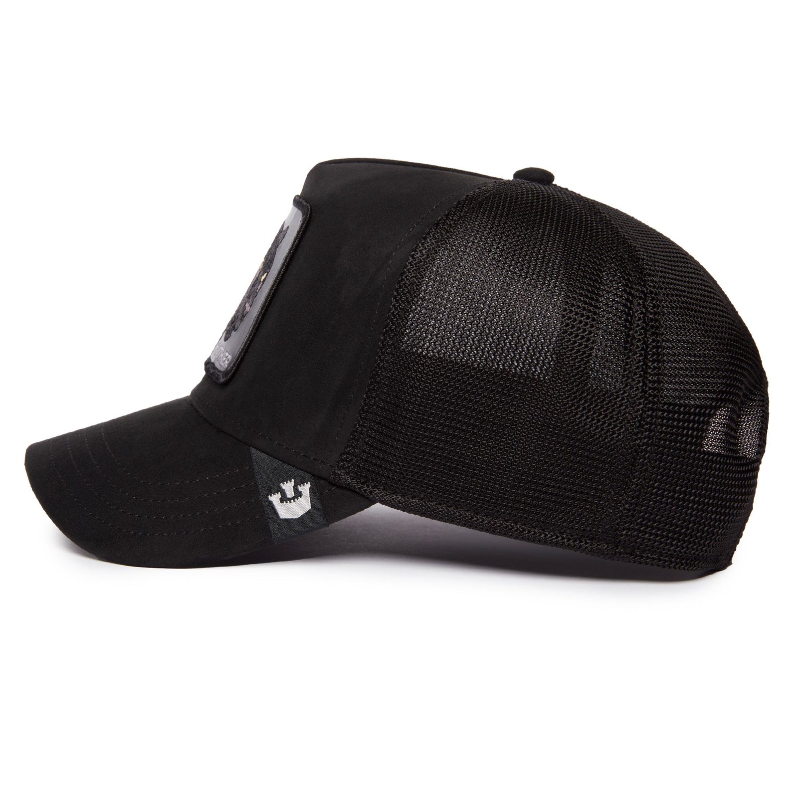 Goorin Suede Panther Trucker Hat with front panther patch, mesh back, curved brim, and back label.