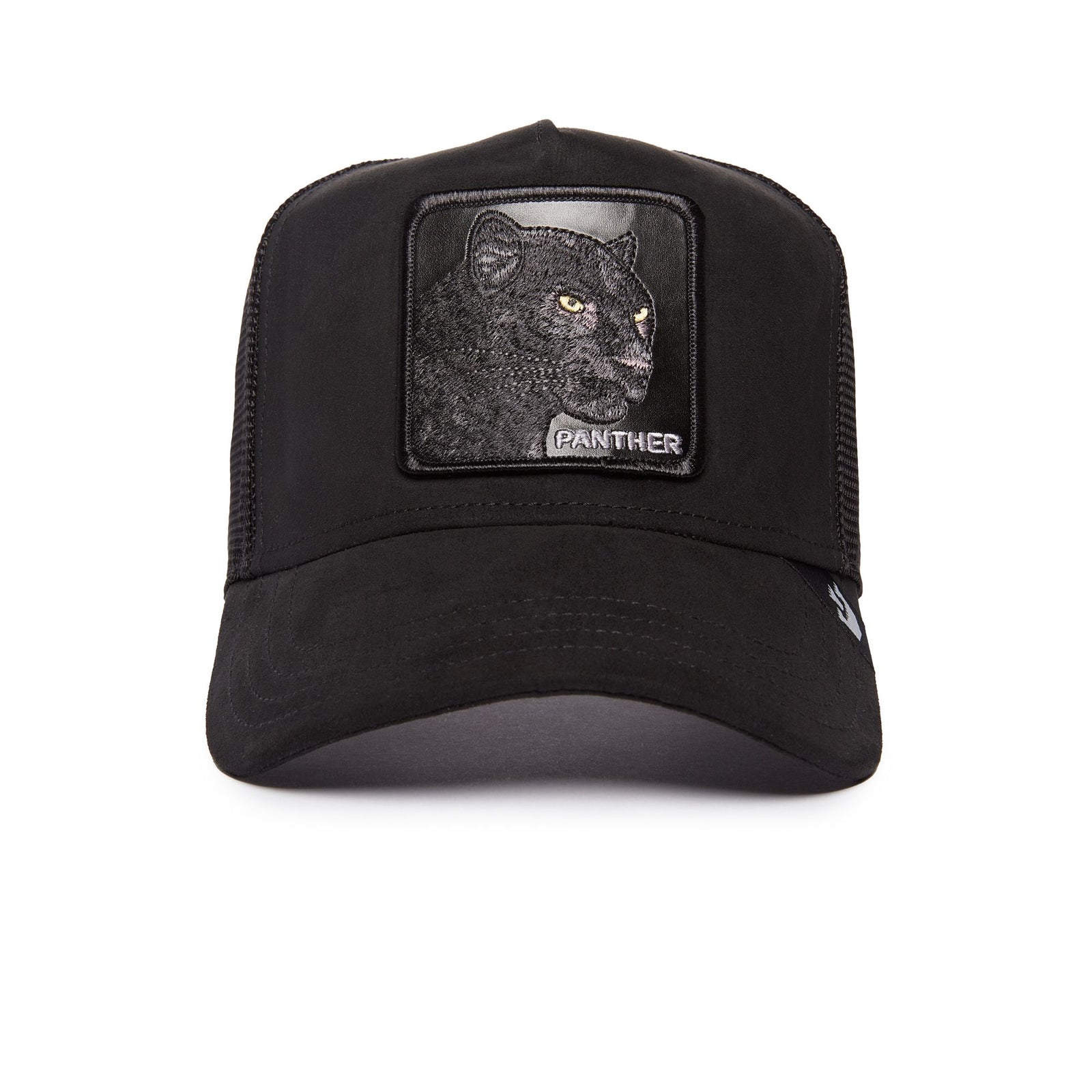 Goorin Suede Panther Trucker Hat with front panther patch, mesh back, curved brim, and back label.