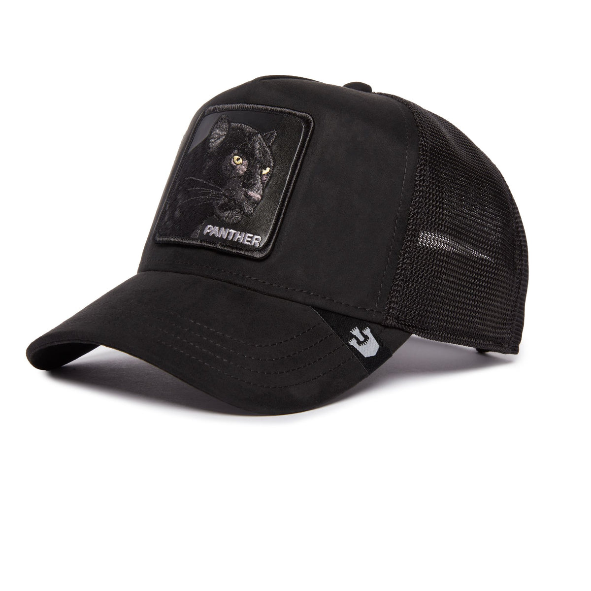Goorin Suede Panther Trucker Hat with black suede front, panther patch, curved brim, mesh back, Goorin label at rear.