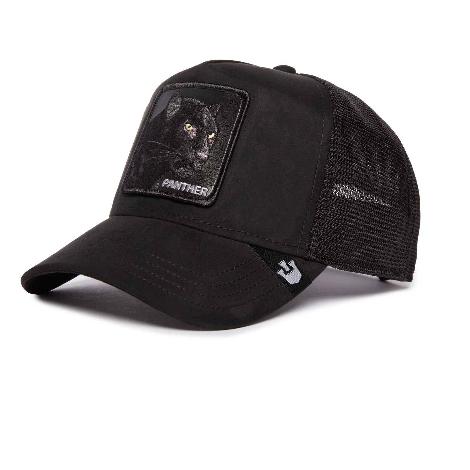 Goorin Suede Panther Trucker Hat with black suede front, panther patch, curved brim, mesh back, Goorin label at rear.