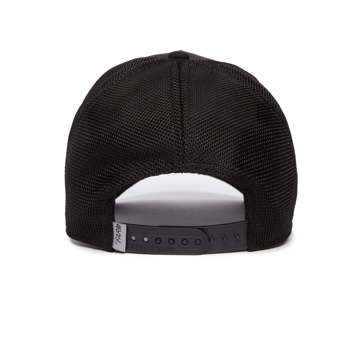 Back view of black mesh trucker hat with adjustable snap closure and Goorin Bros label.