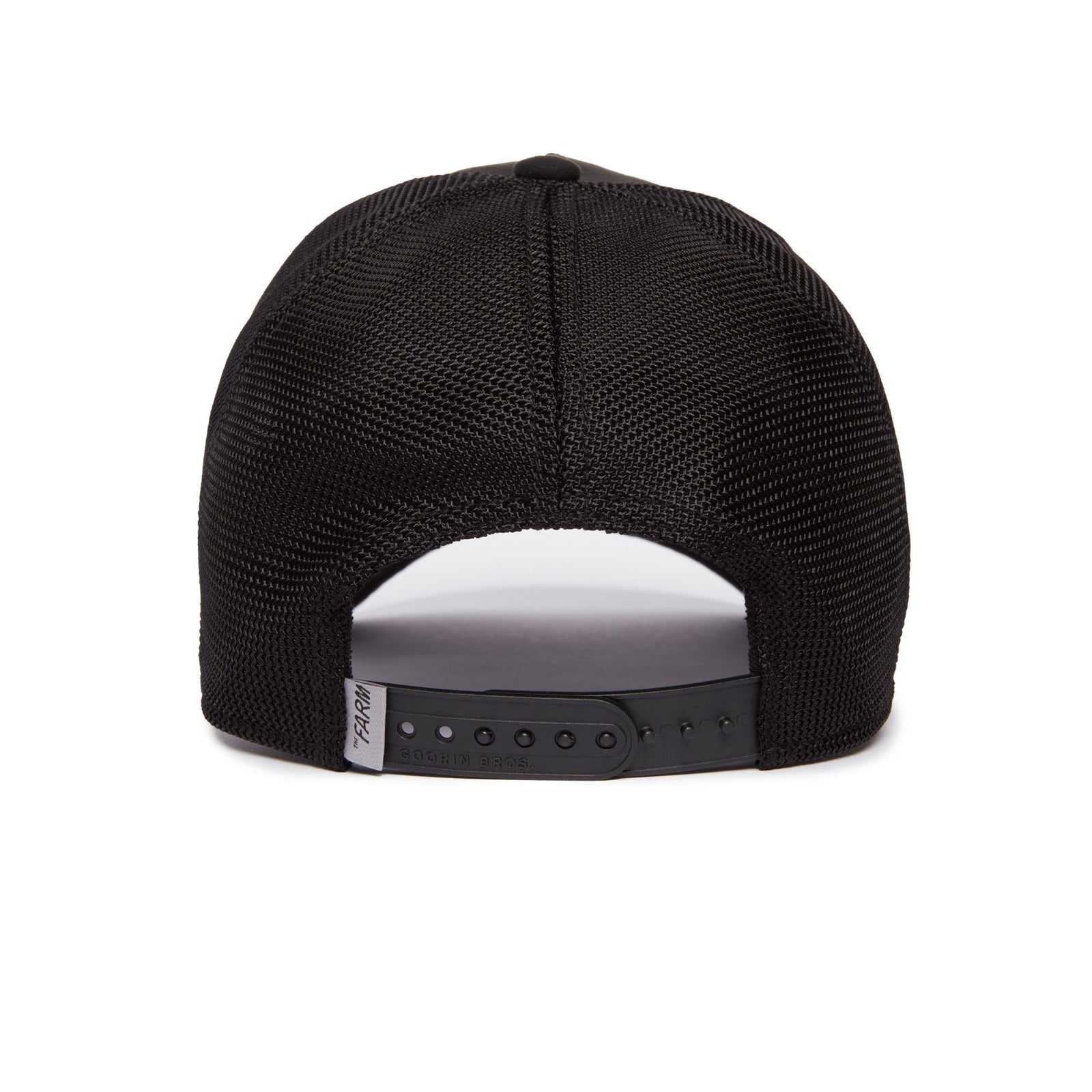 Back view of black mesh trucker hat with adjustable snap closure and Goorin Bros label.