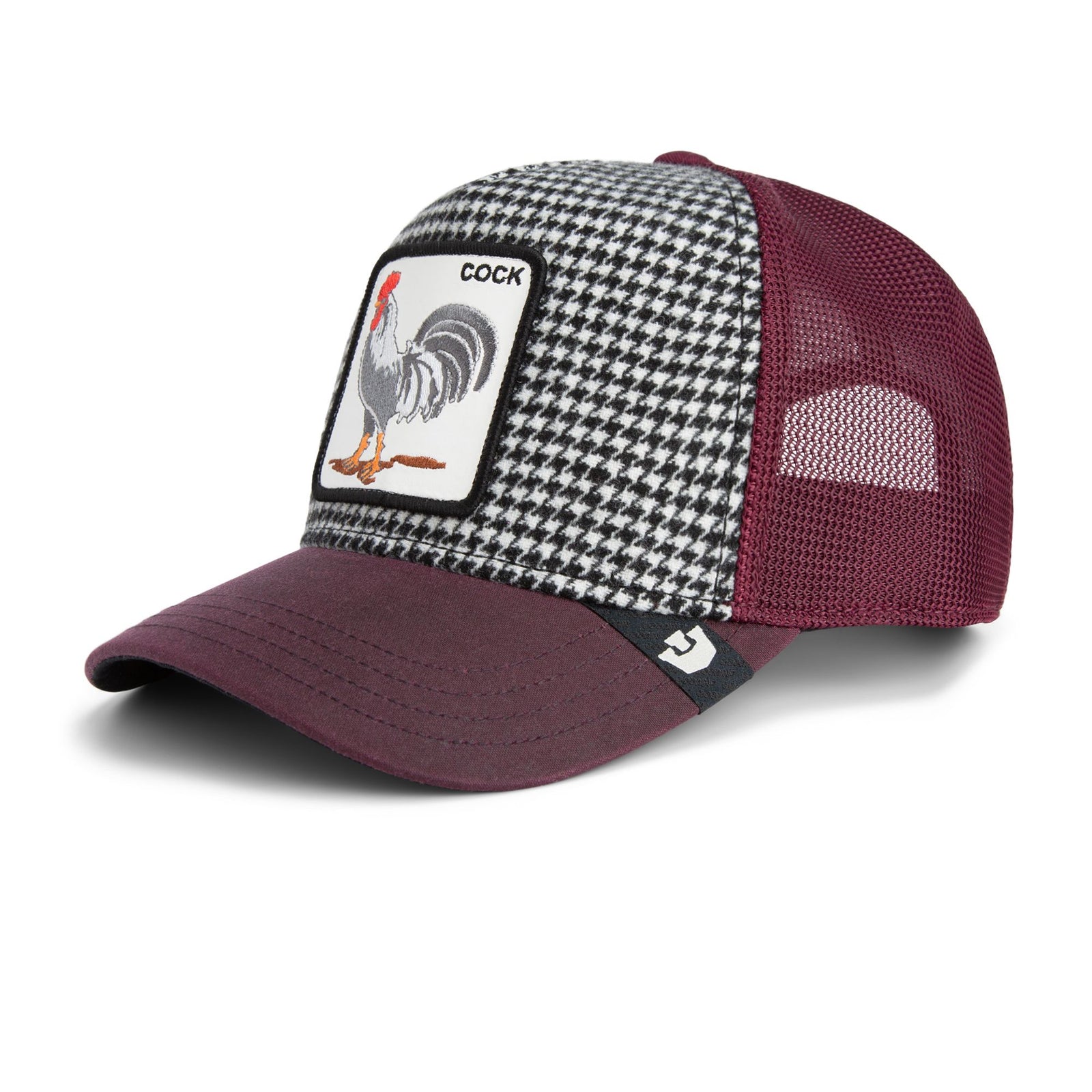 Goorin Dapper Rooster Trucker Hat with houndstooth front panel and maroon brim featuring rooster patch.