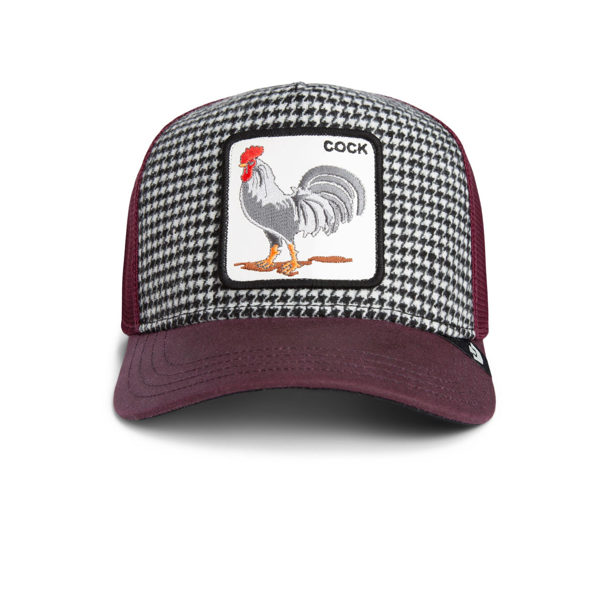 Goorin Dapper Rooster Trucker Hat with houndstooth front panel and maroon brim featuring rooster patch.