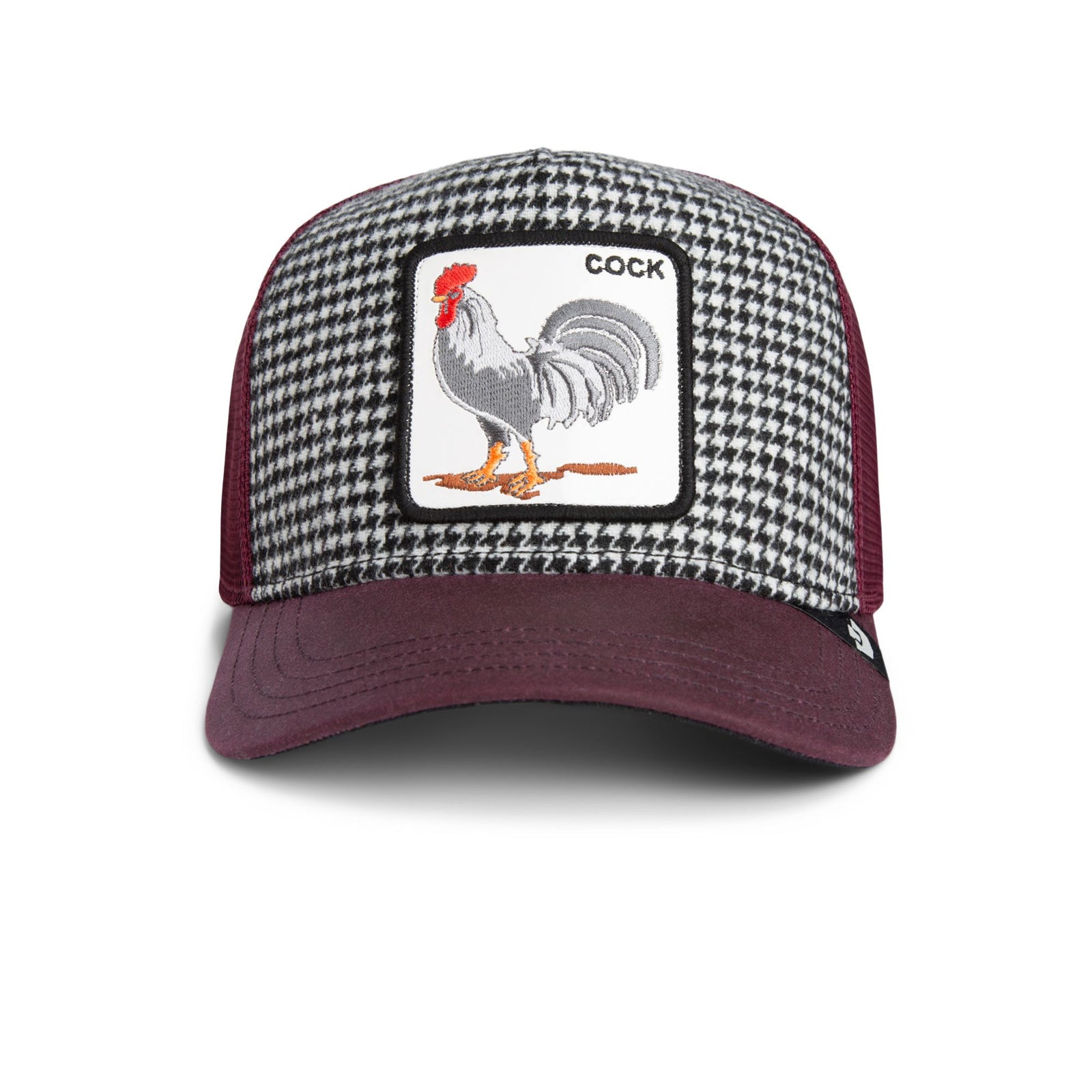 Goorin Dapper Rooster Trucker Hat with houndstooth front panel and maroon brim featuring rooster patch.