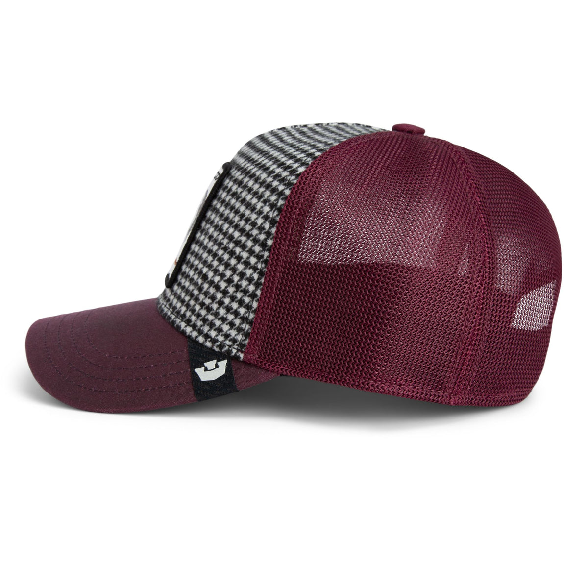 Goorin Dapper Rooster Trucker Hat with burgundy mesh back and houndstooth front panel featuring rooster graphic.