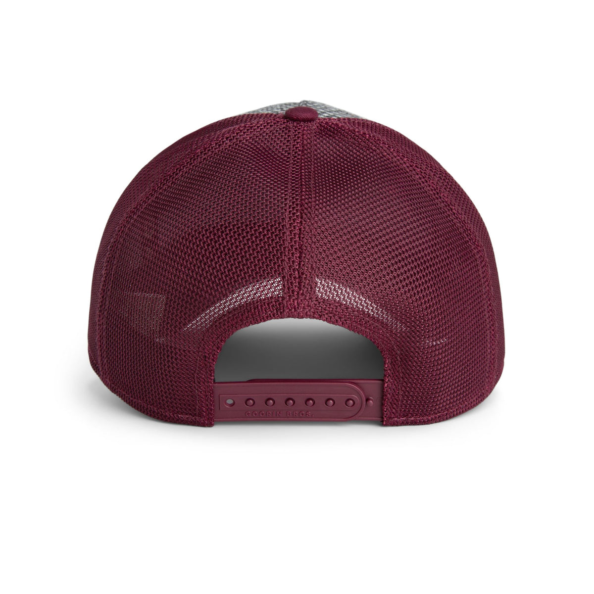 Goorin Dapper Rooster Trucker Hat back view, maroon mesh, adjustable snapback