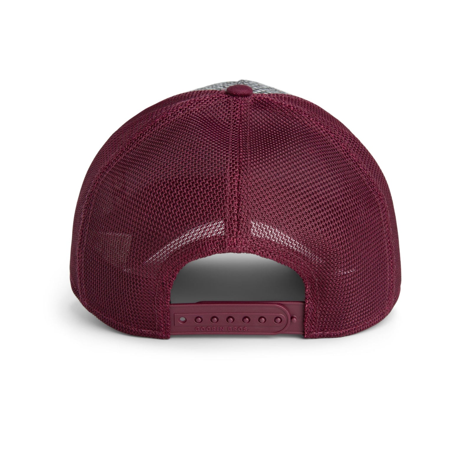 Goorin Dapper Rooster Trucker Hat back view, maroon mesh, adjustable snapback