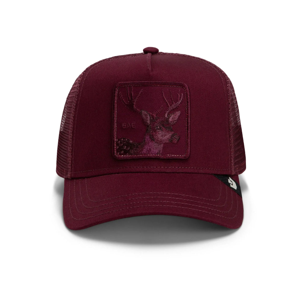 Maroon Goorin Bros. Tonal Bae Trucker Hat featuring a monochromatic embroidered deer patch from The Animal Farm collection.