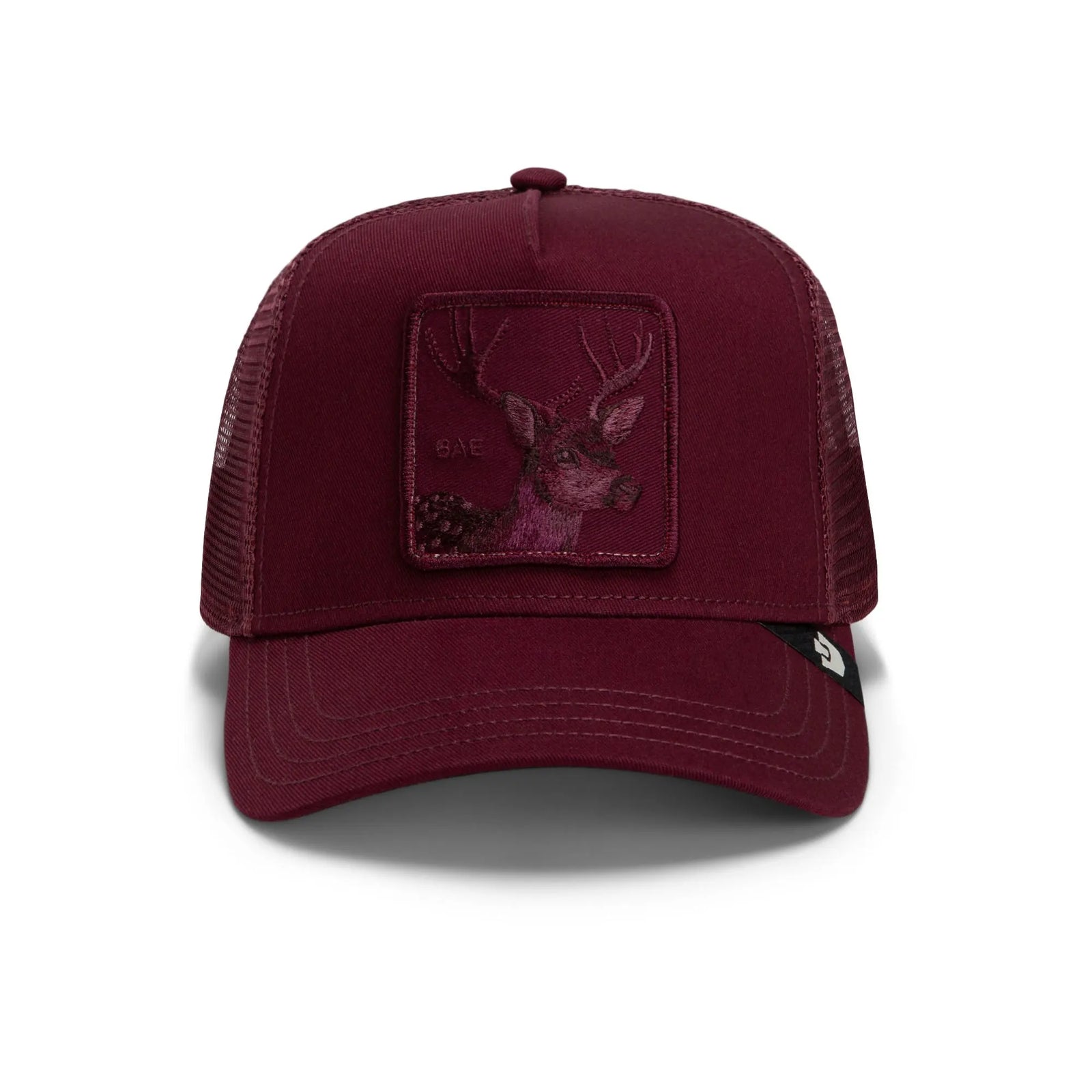 Maroon Goorin Bros. Tonal Bae Trucker Hat featuring a monochromatic embroidered deer patch from The Animal Farm collection.
