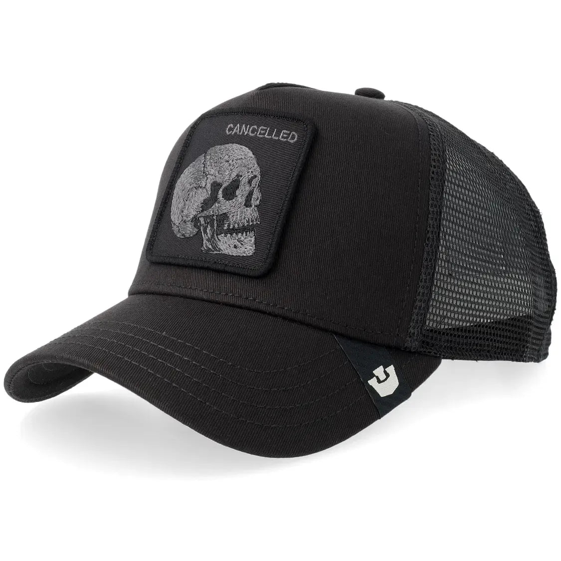 Black trucker hat with grey mesh back and embroidered patch featuring a grey skull and "CANCELLED" text.