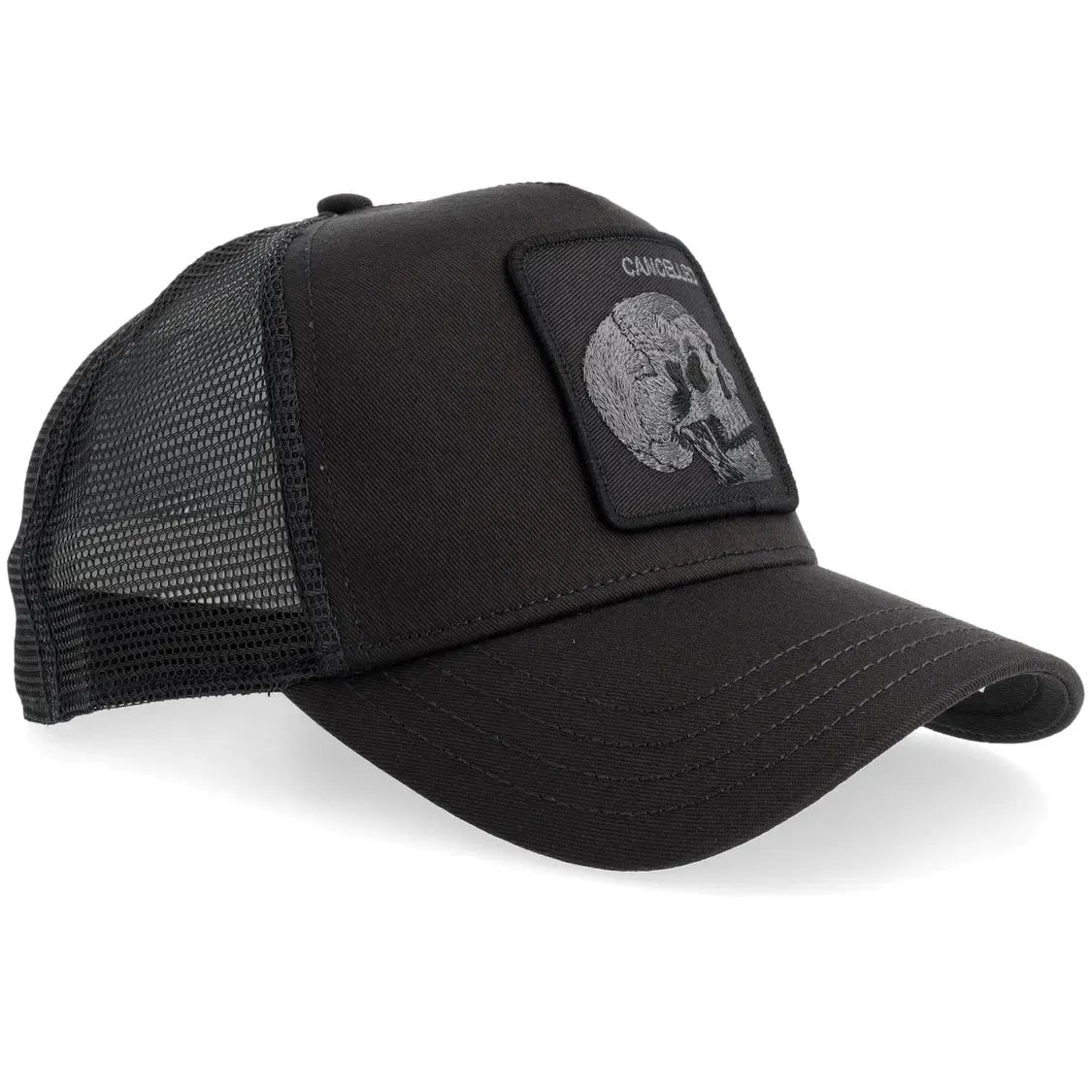 Black trucker hat with grey tonal skull patch labeled "CANCELLED" from The Animal Farm collection.