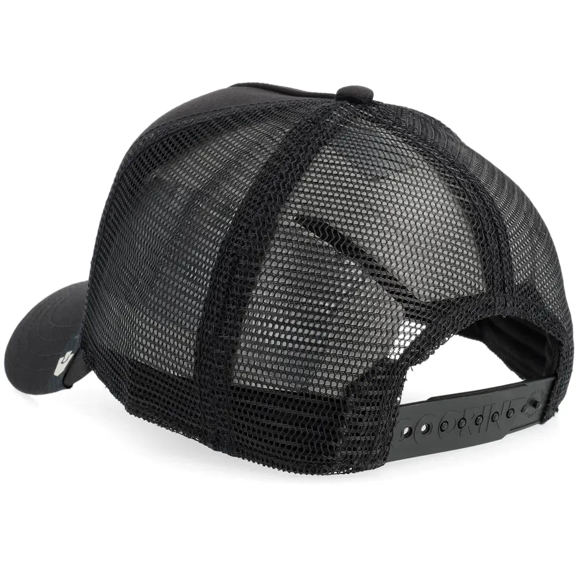 Back view of black Goorin tonal skull trucker hat featuring mesh detailing and embossed brand snap closure.
