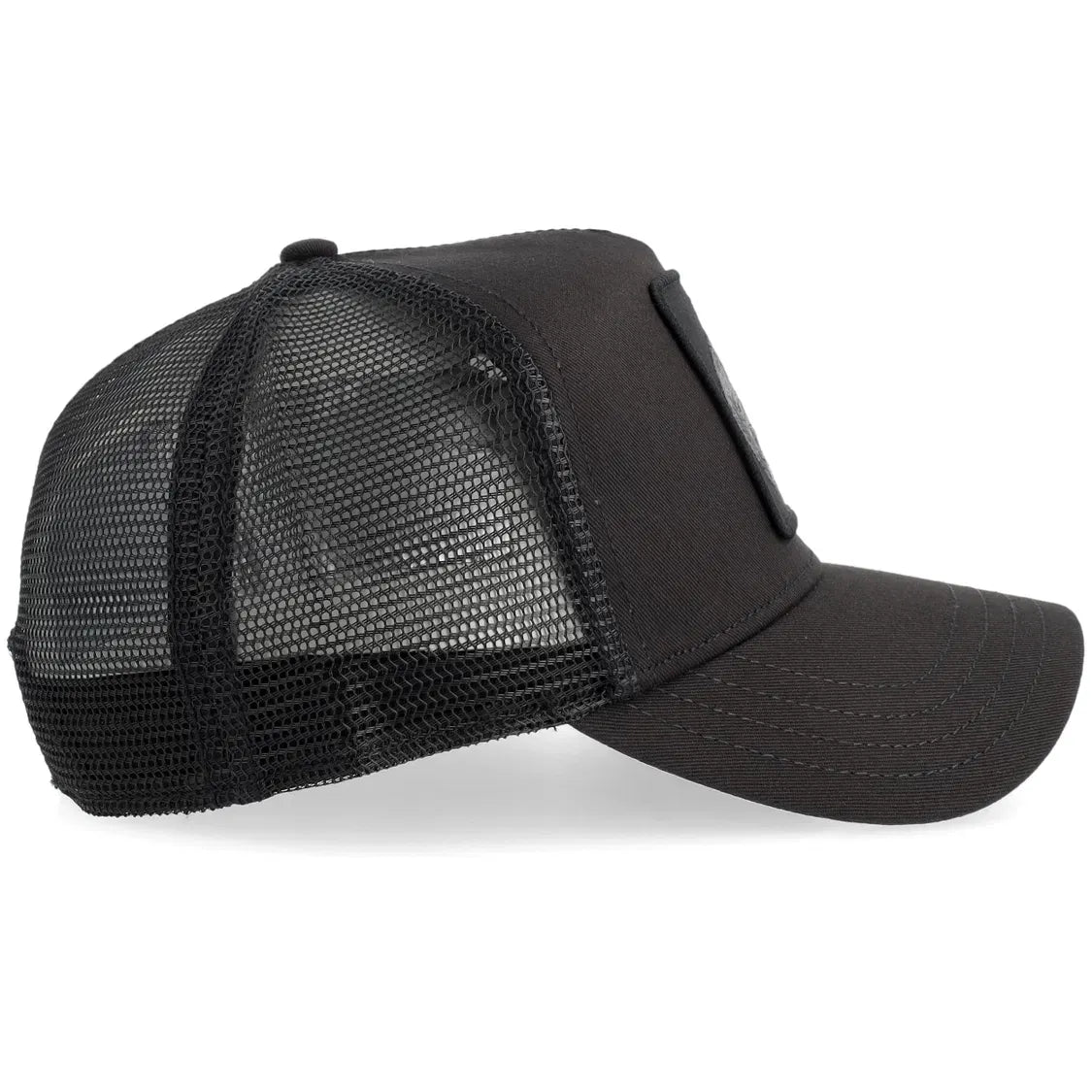 Black Goorin Bros Tonal Skull Trucker Hat side view with mesh back and subtle grey emblem from Animal Farm collection.