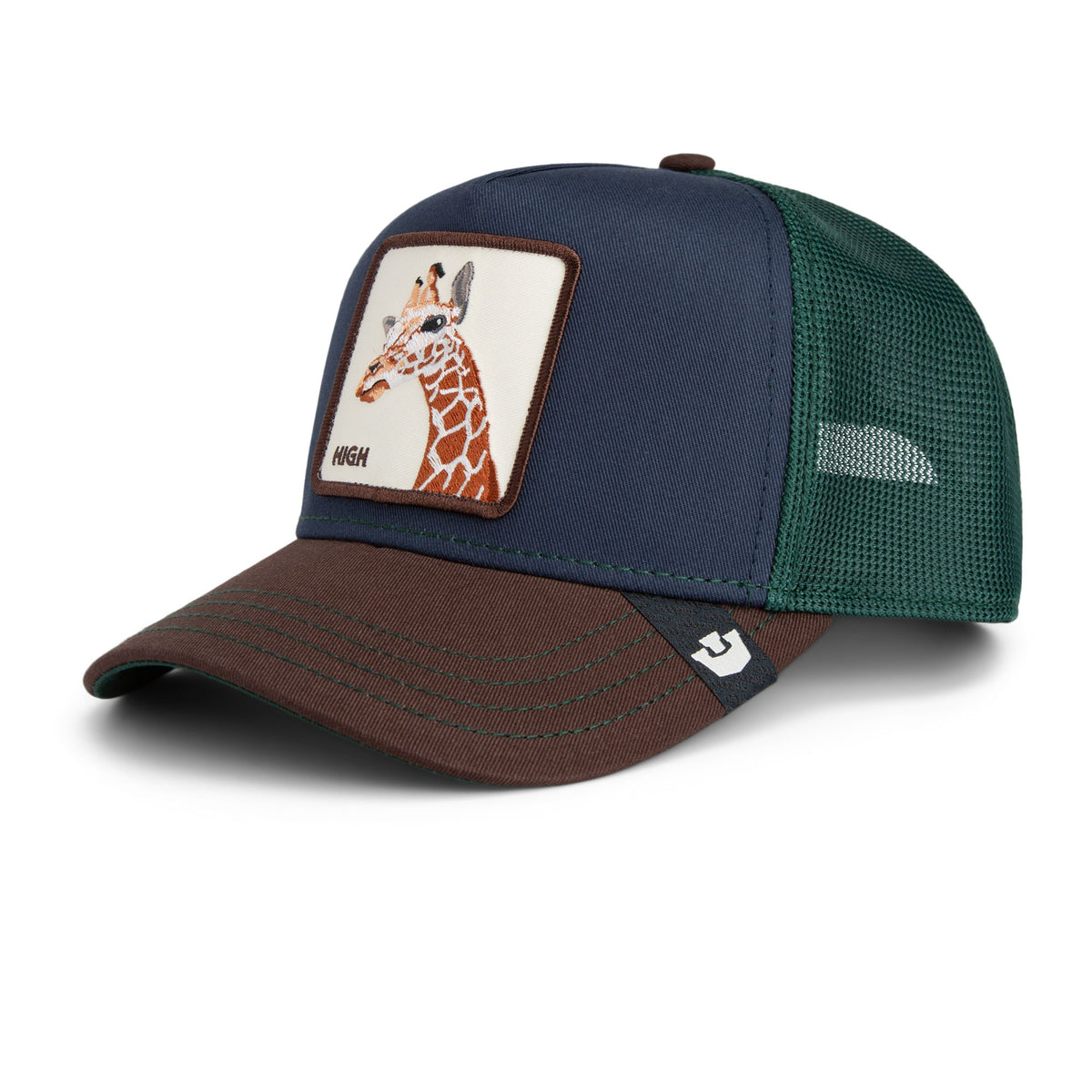 Goorin Tricolor Giraffe Trucker Hat by Goorin Bros with giraffe patch on navy front, brown brim, green mesh back